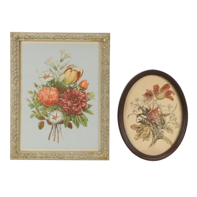 After Jean-Louis Prévost and Other Mixed Media Prints of Floral Arrangements