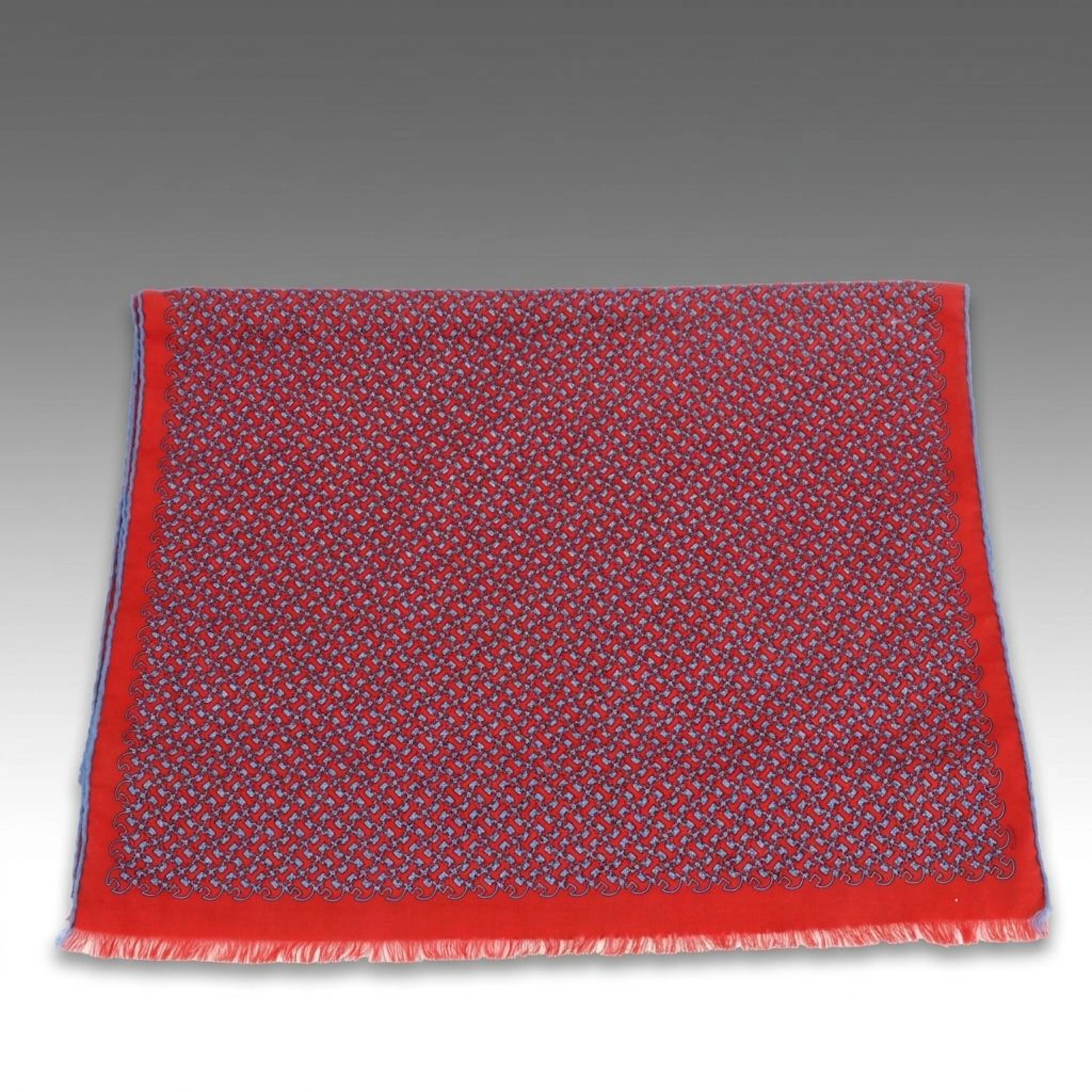 Hermés Fringe Scarf in Red and Blue Silk and Wool Blend