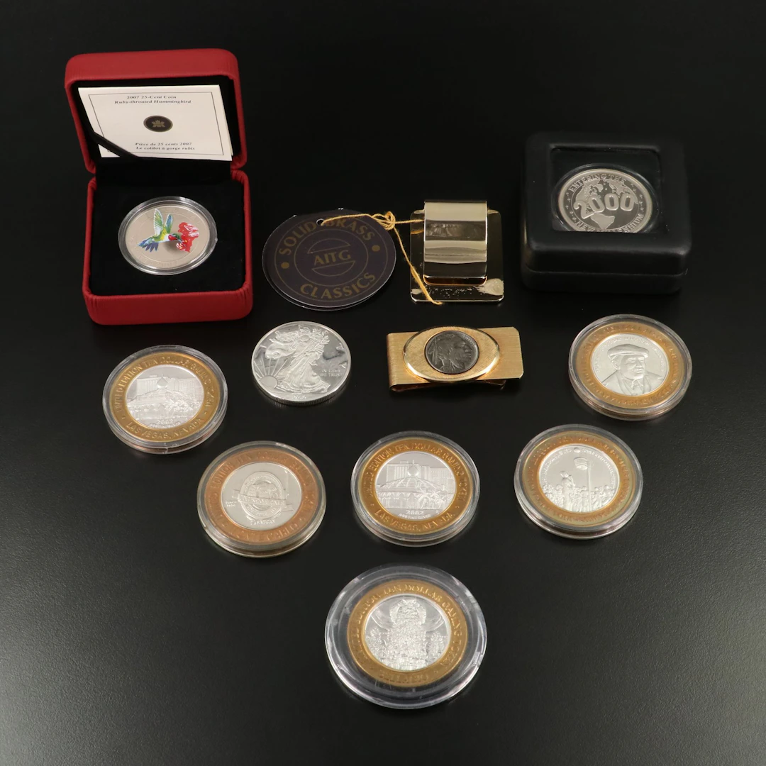 2019-W Proof American Silver Eagle, Other Silver, and Two Money Clips