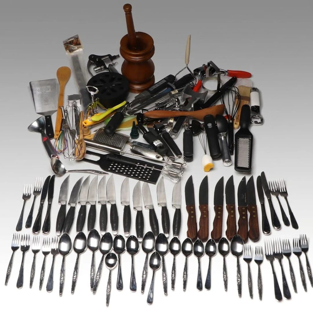 Stainless Steel Forks, Spoons with Graters, Mortar and Pestle with