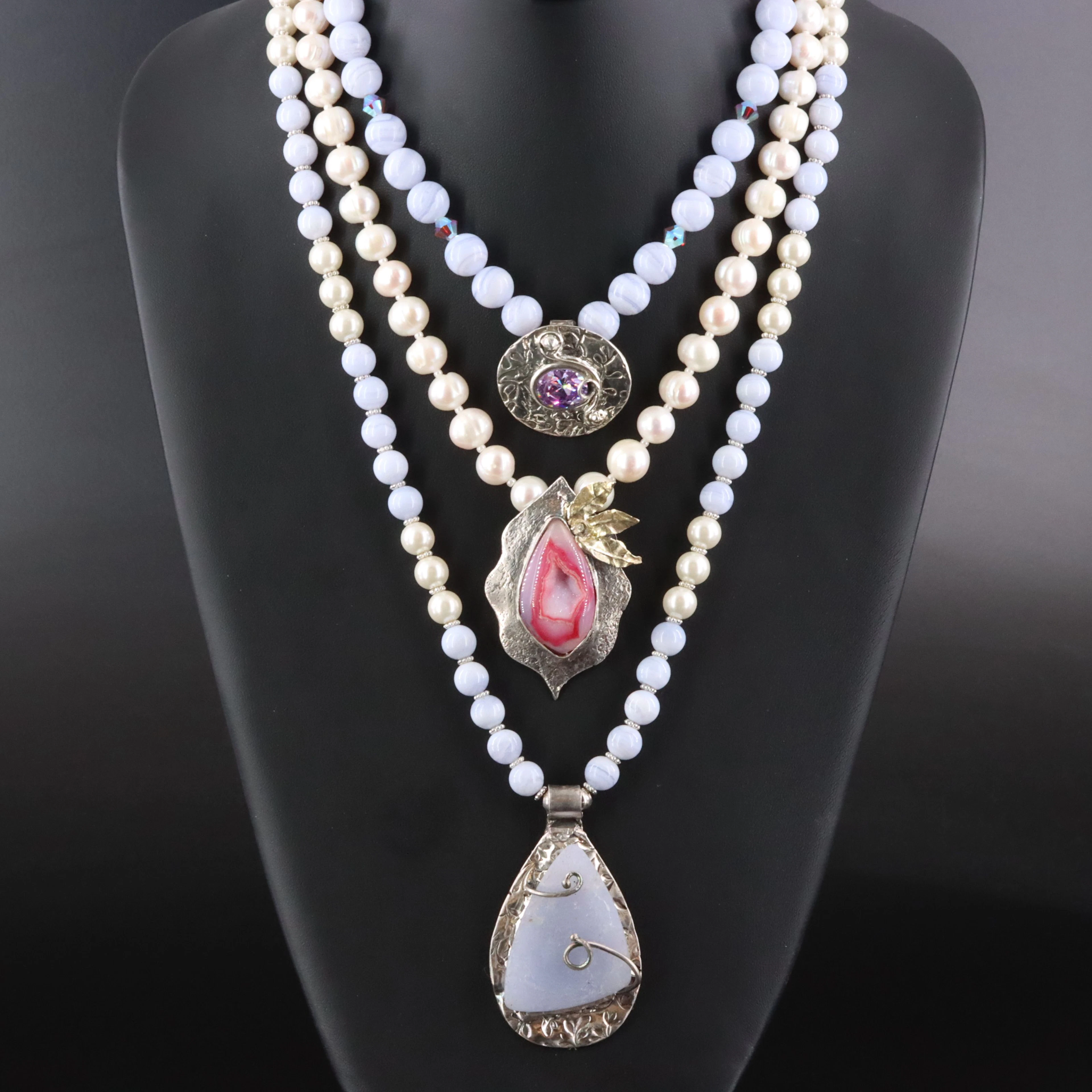 Blue Lace Agate, Pearl & Druzy Necklaces Including Fine Silver