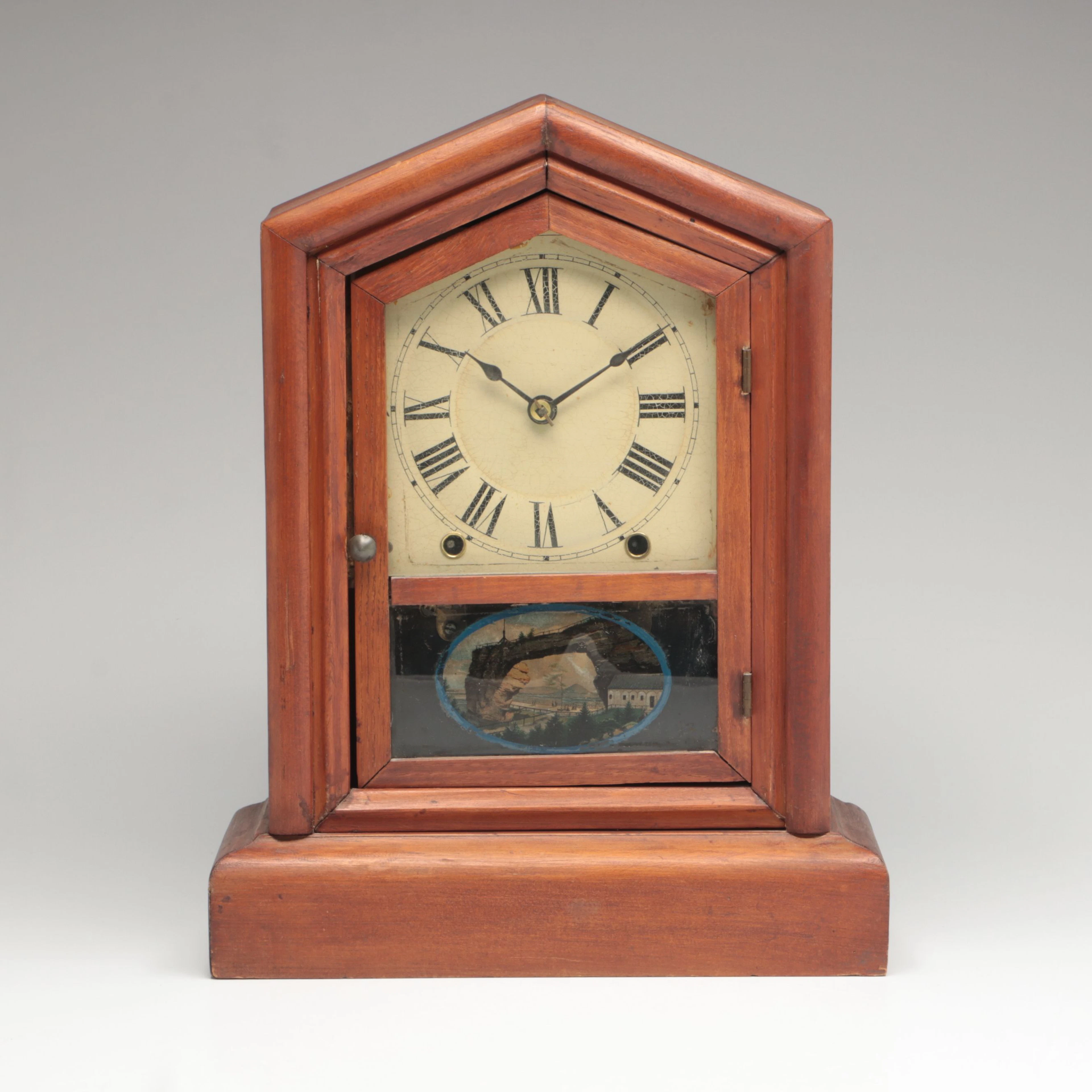 Late Victorian Style Cottage Mantel Clock with Reverse Glass Decorated Panel
