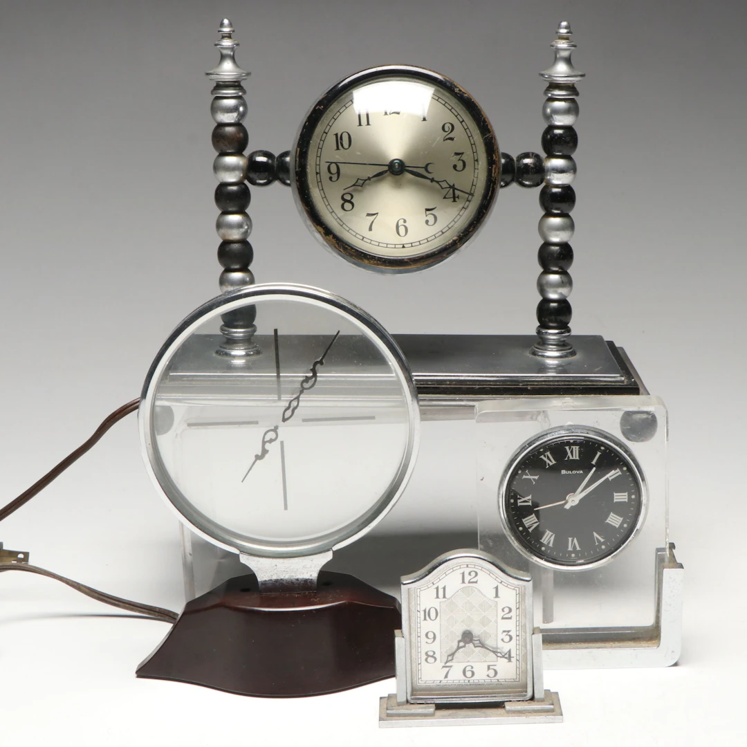 Rex Cole Mystery Clock with More Art Deco and Modernist Style Desk Clocks