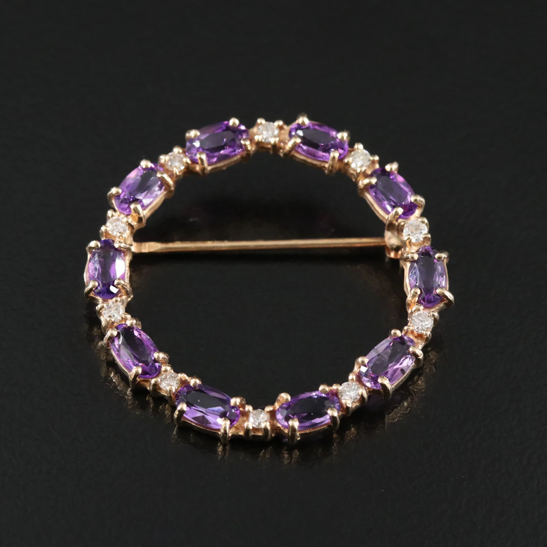 14K Amethyst and Diamond Round Brooch