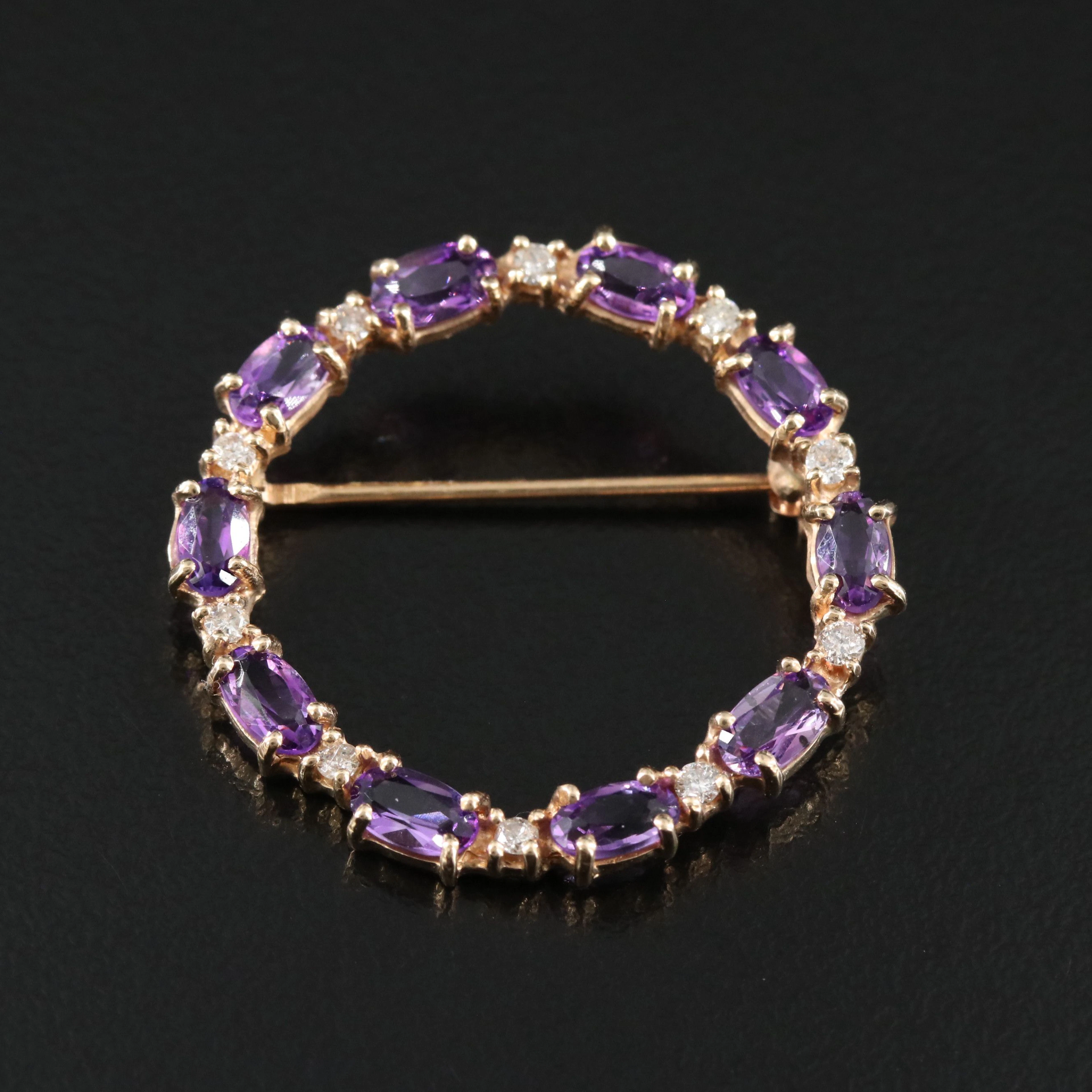 14K Amethyst and Diamond Round Brooch