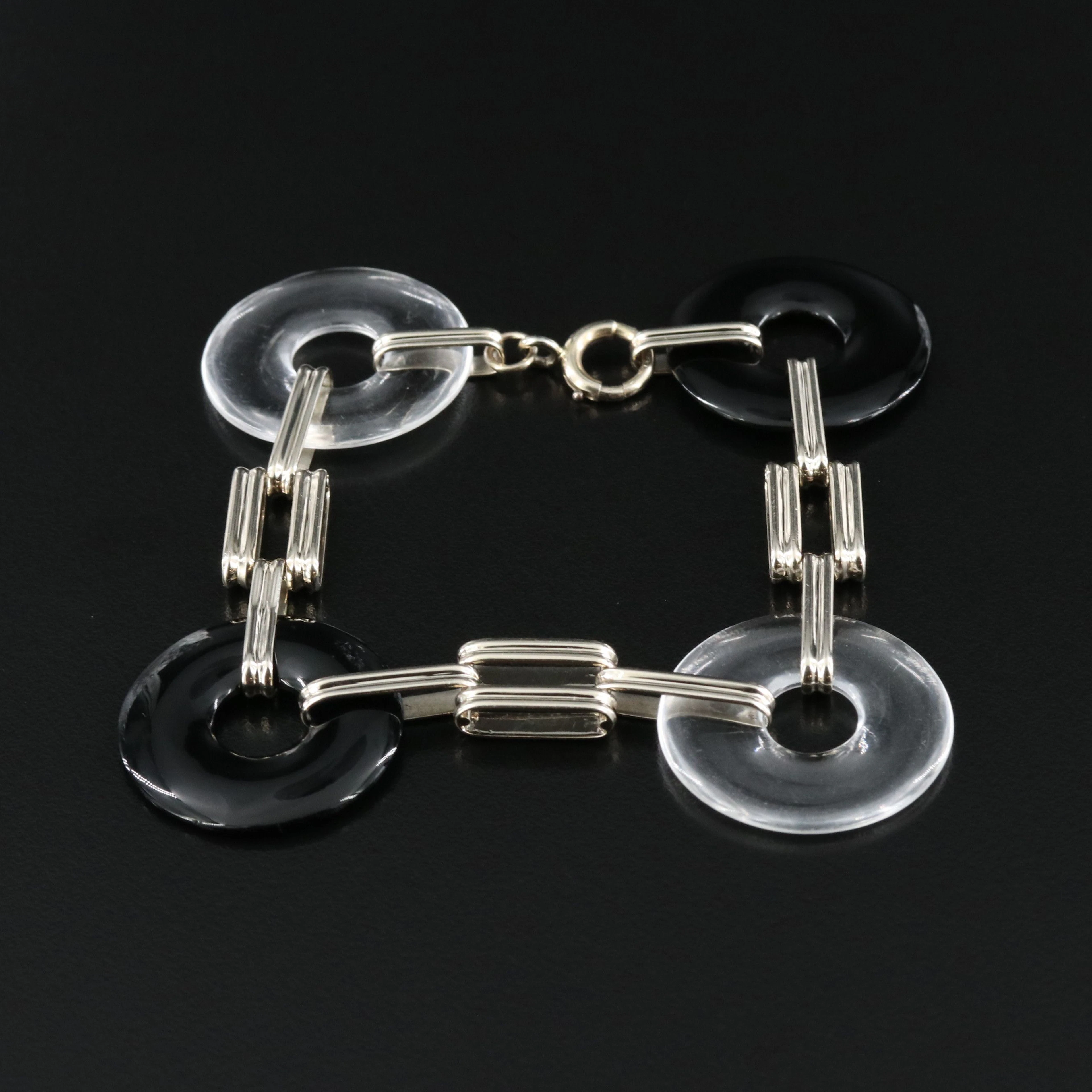 Machine Age Art Deco 18K Black Onyx and Rock Crystal Bracelet
