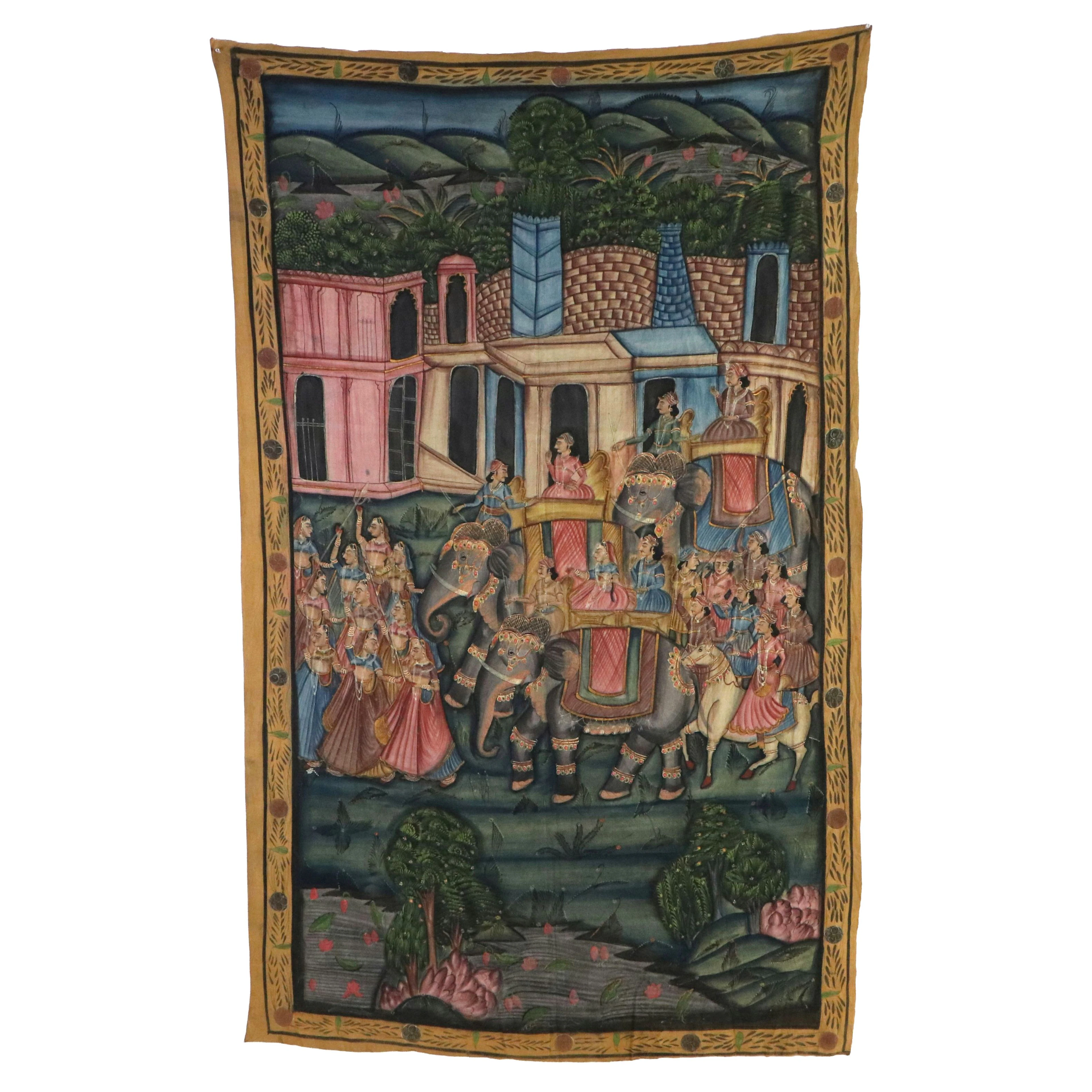 Vintage/Antique Indian Pichwai Painting of Ceremonial Elephant Procession