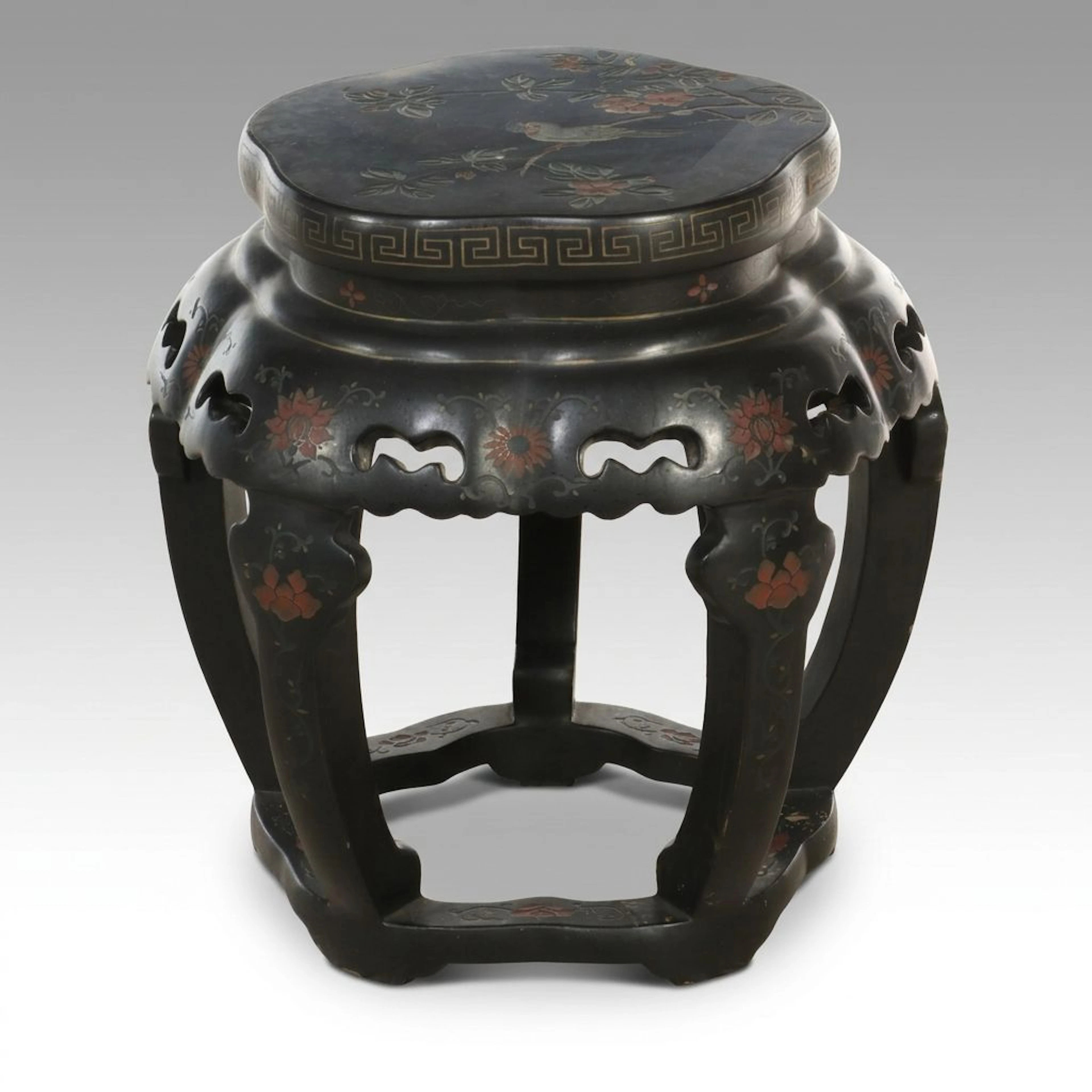 Chinese Qing Style Painted Wood Barrel Form Garden Stool, 20th Century