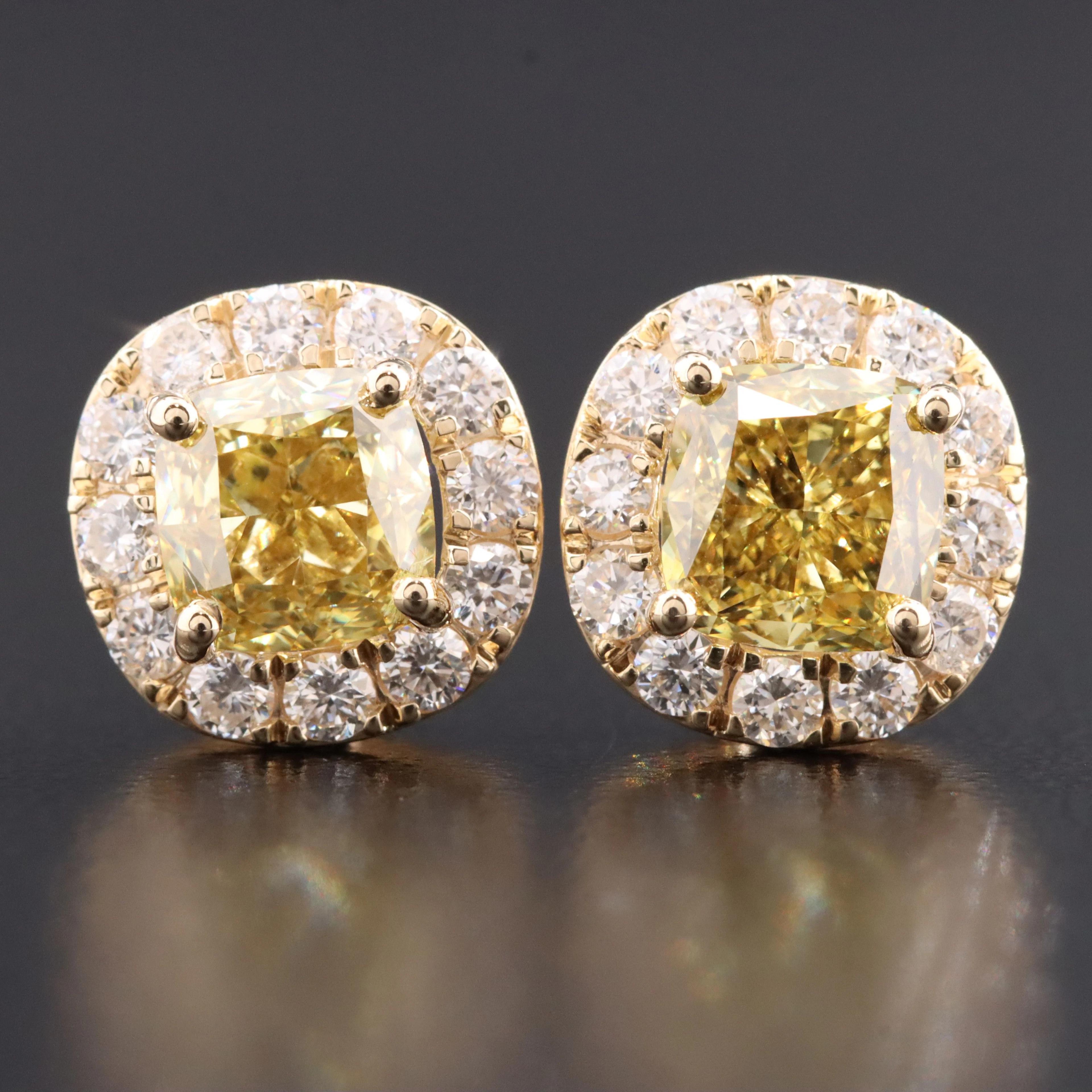 14K 2.80 CTW Lab Grown Diamond Earrings with Fancy Yellow Centers