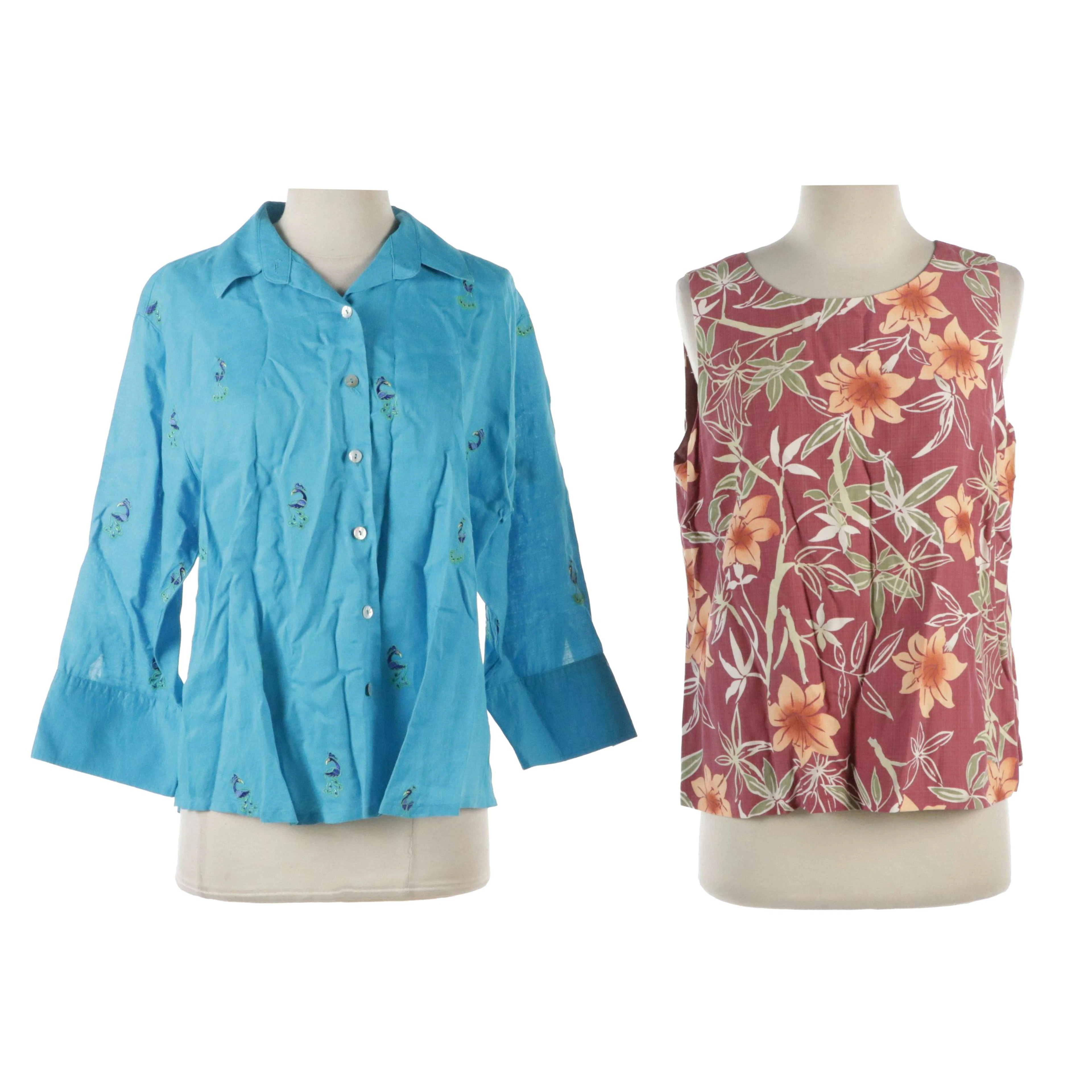 Norm Thompson Peacock Embroidered Linen Blouse and Tommy Bahama Floral Silk Top