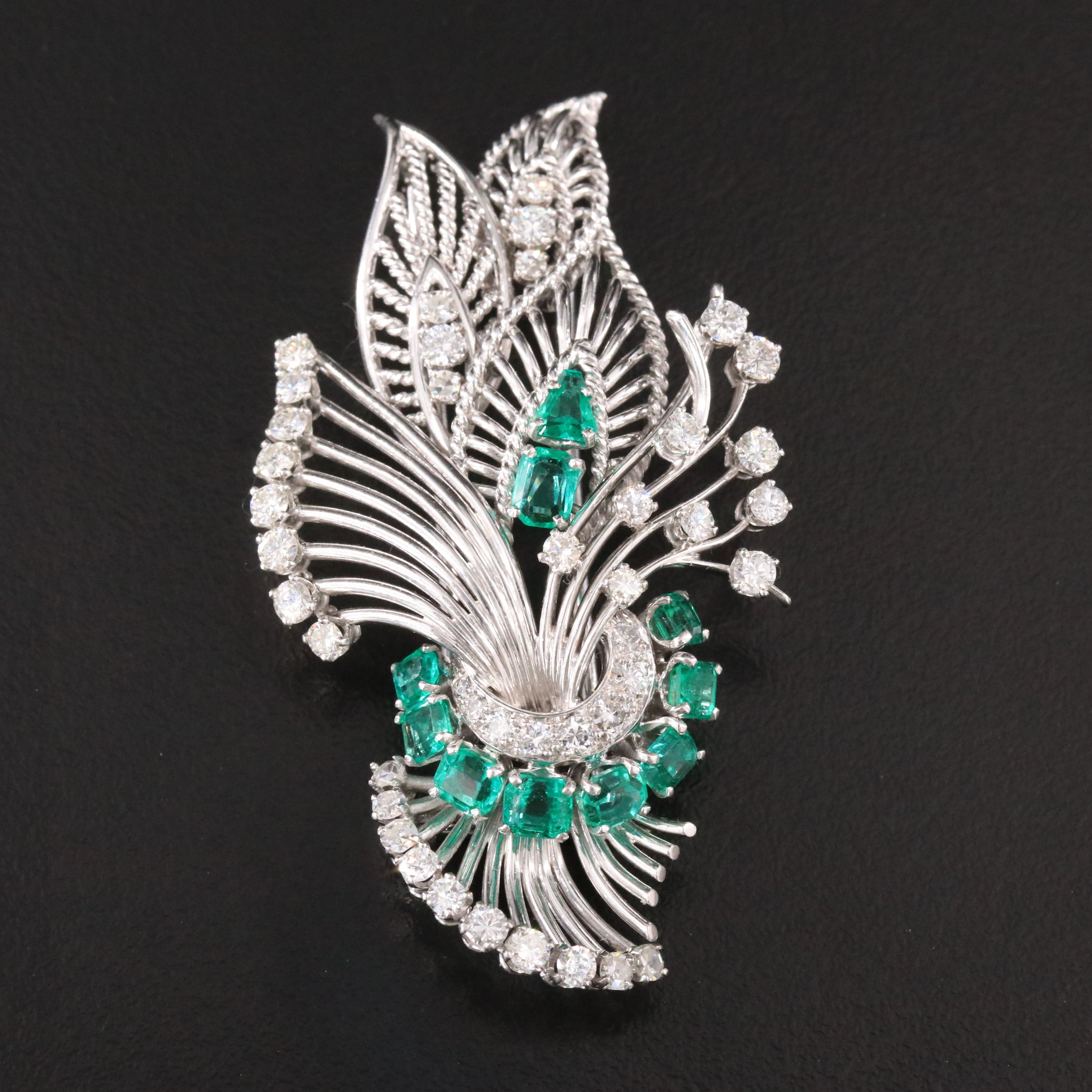 Retro Platinum Emerald and Diamond Double Clip Brooch