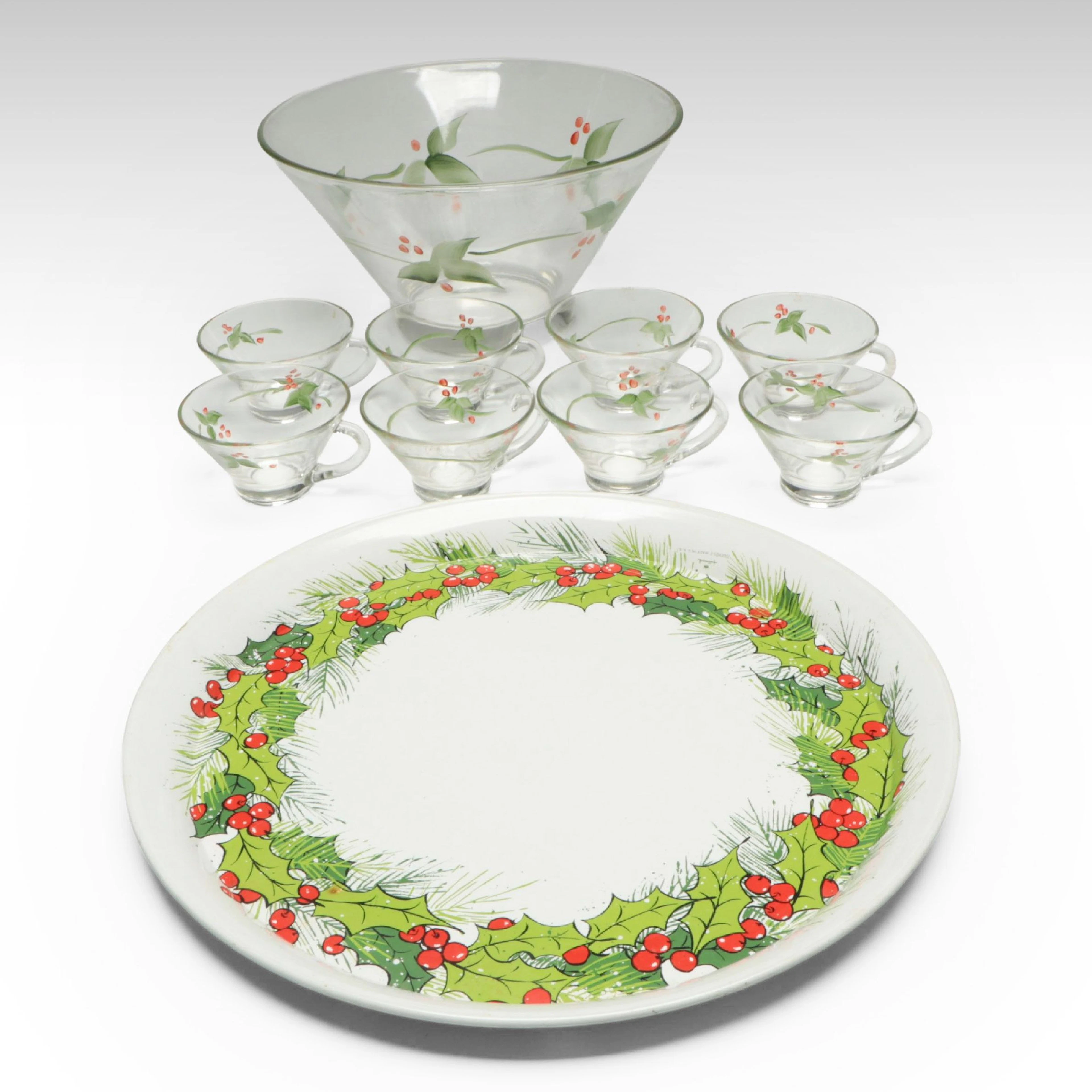 Tin Lithograph Hallmark Christmas Tray with Hand-Painted Punch Bowl and Glasses