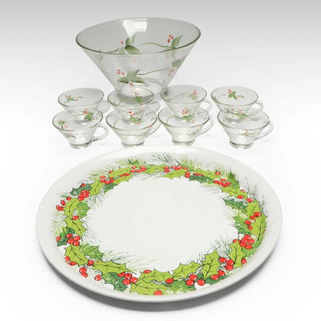 Tin Lithograph Hallmark Christmas Tray with Hand-Painted Punch Bowl and Glasses