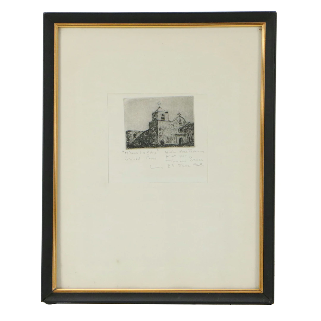 Willie Reed Rowe Miniature Etching "Mission La Bahia", 1968
