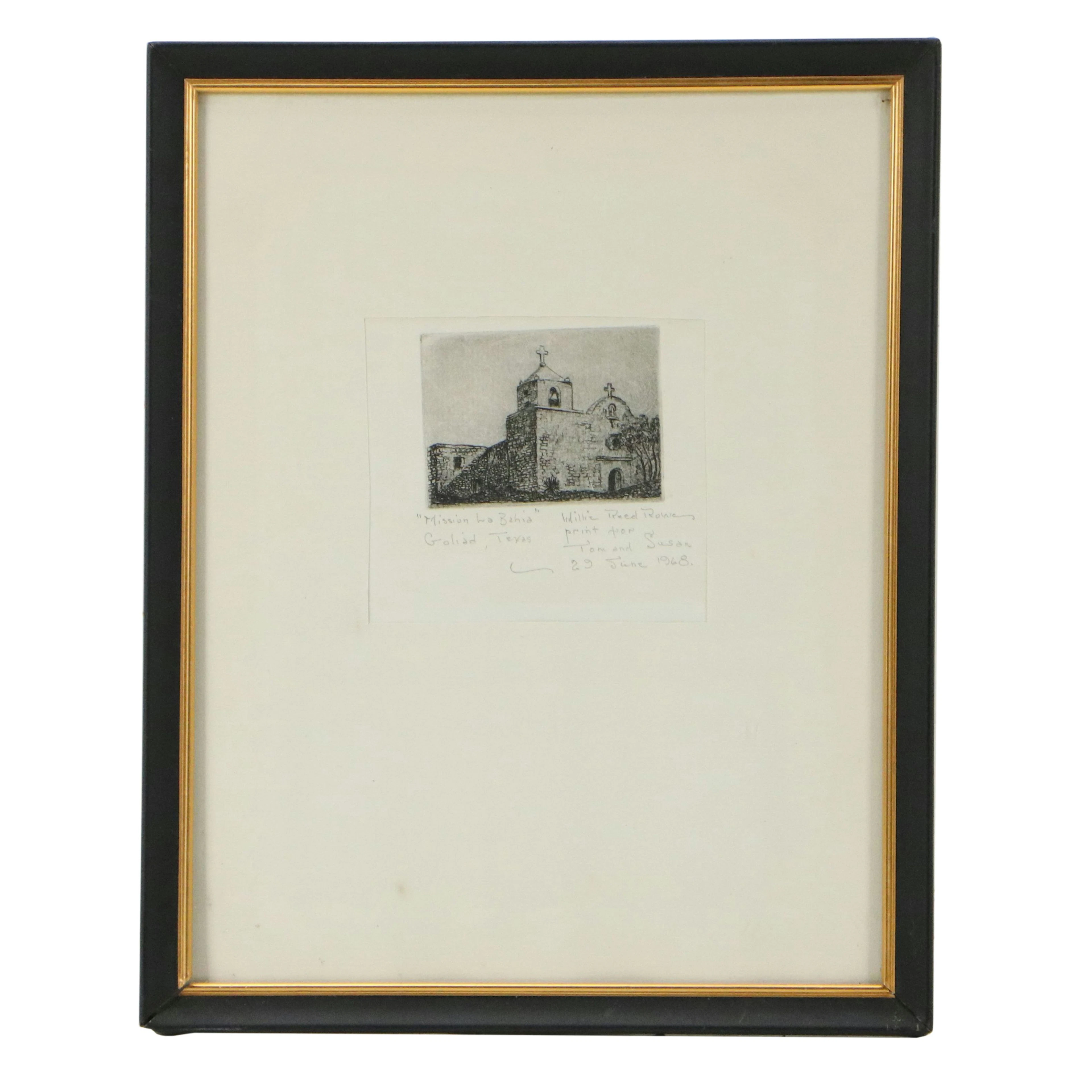 Willie Reed Rowe Miniature Etching "Mission La Bahia", 1968