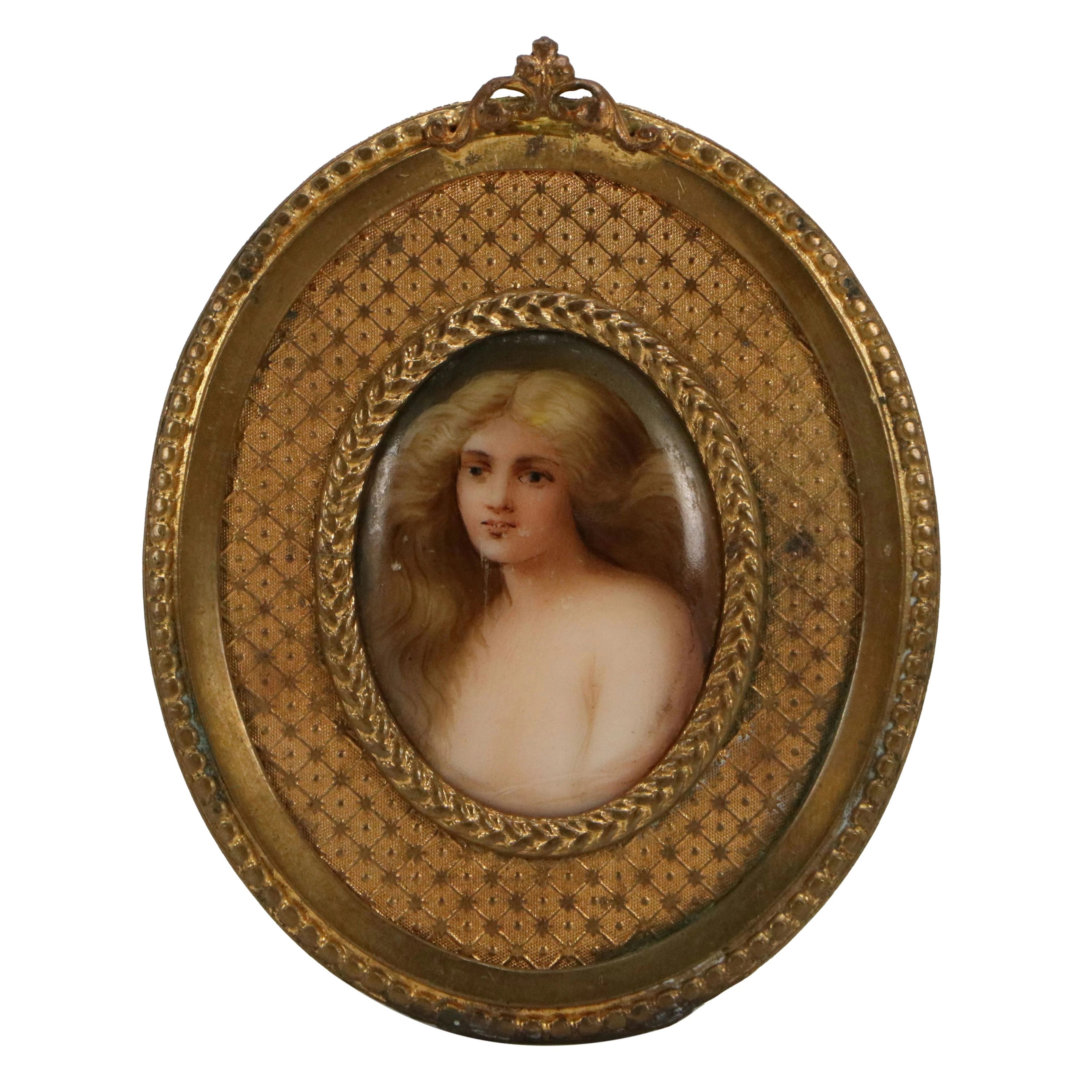 Victorian Miniature Porcelain Portrait Painting in Neoclassical Oval Frame