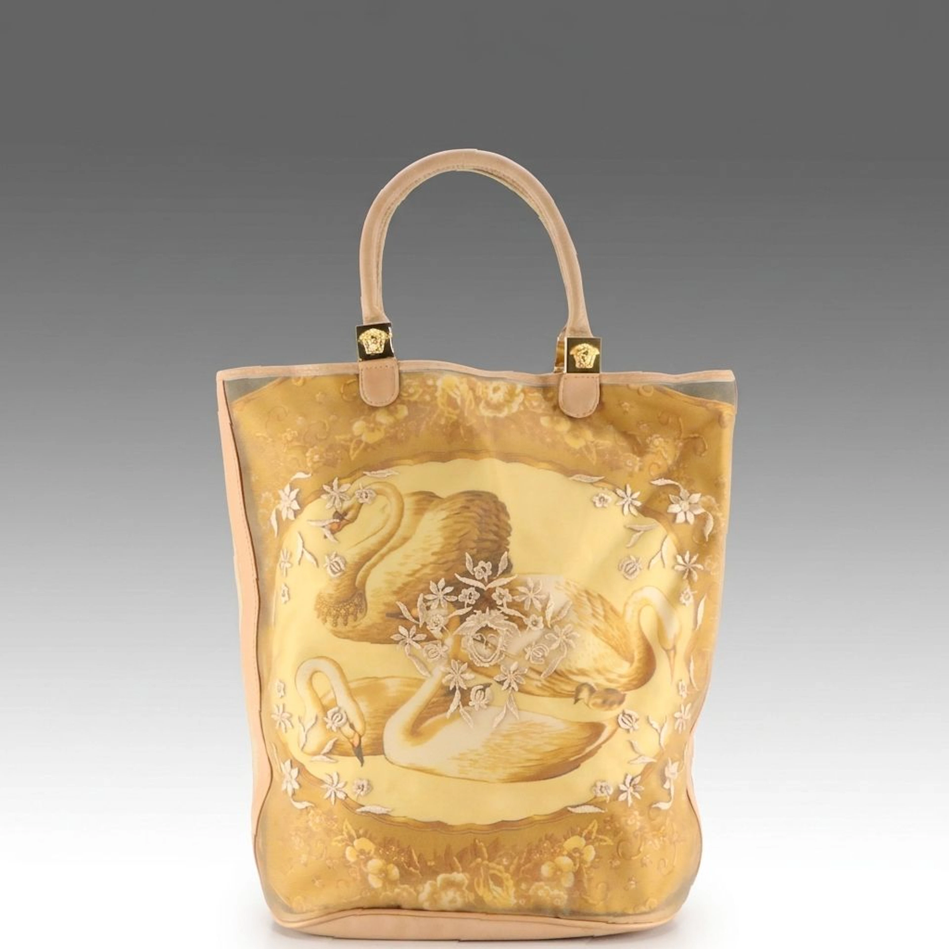 Versace Embroidered Mesh and Swan/Baroque Silk Twill Tote Bag with Leather Trim