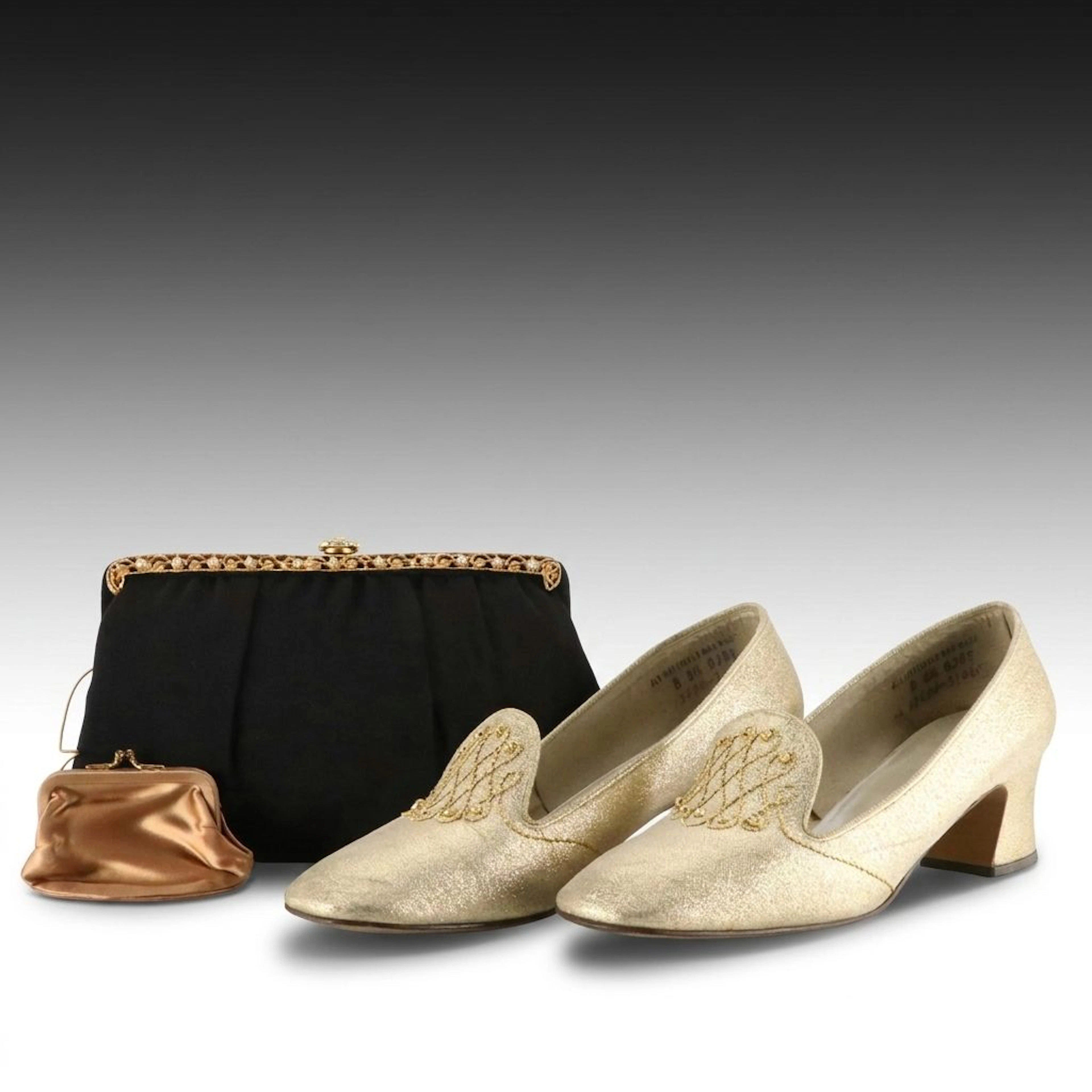 Garay Bead Frame Jersey Evening Bag and QualiCraft Golden Lamé Pumps