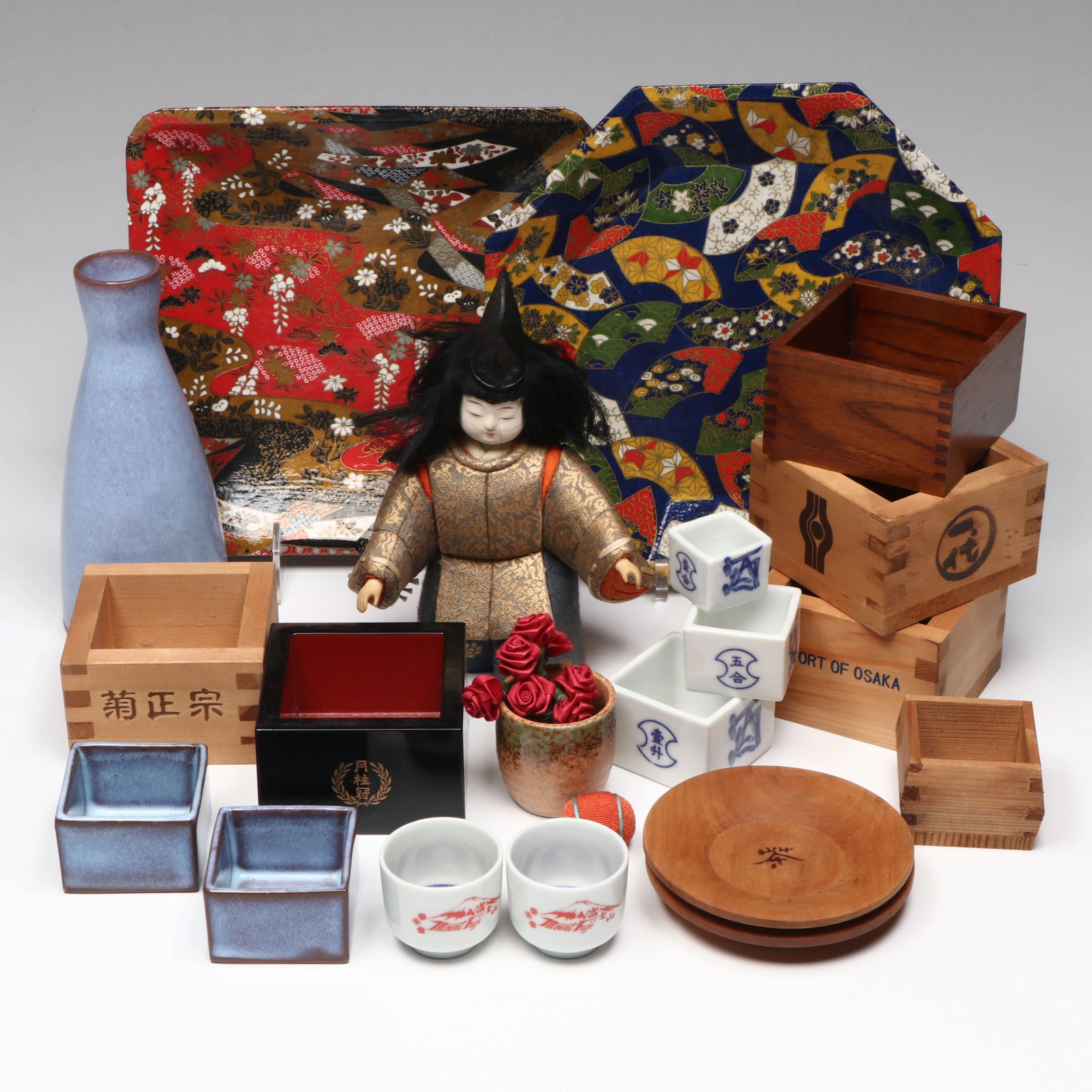 Japanese Kimekomi Doll with Saki Set and Other Decor, 20th Century