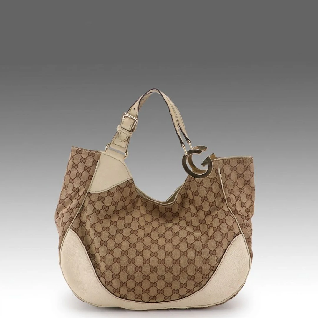 Gucci GG Jacquard Canvas and Cinghiale Leather Hobo Shoulder Bag