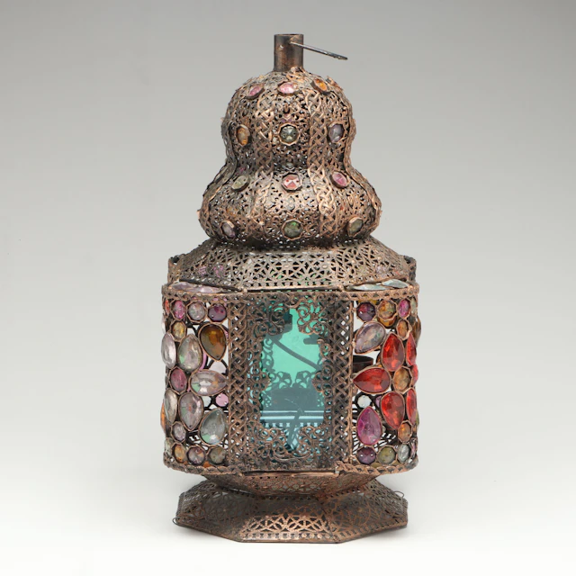 Moroccan Style Ornate Bejeweled Copper Lantern Candle Holder