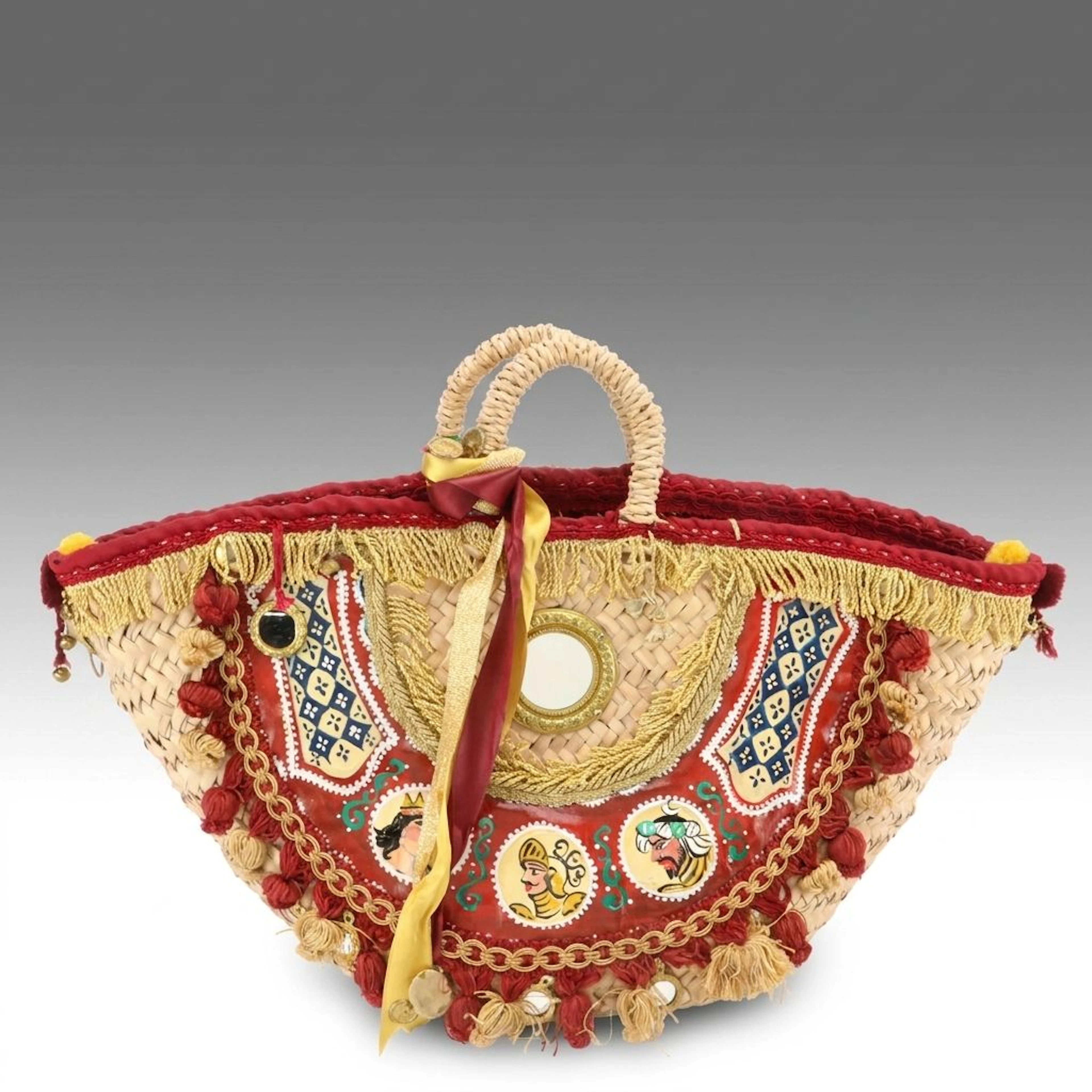 Dolce & Gabbana Hand-Painted, Pom-Pom, Fringe & Mirrored Woven Straw Bucket Bag