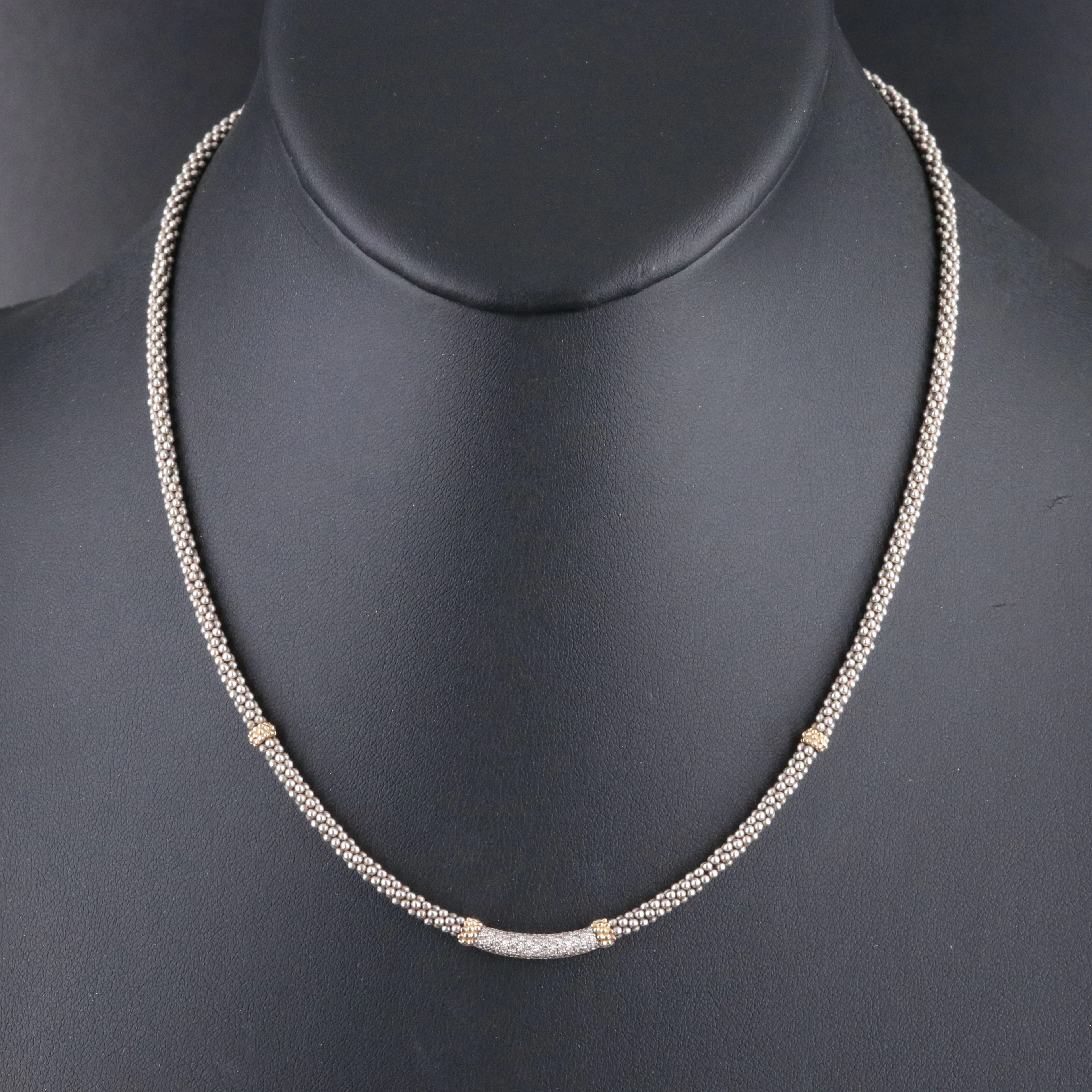 Lagos Caviar Lux Sterling and Diamond Bar Necklace with 18K Accents