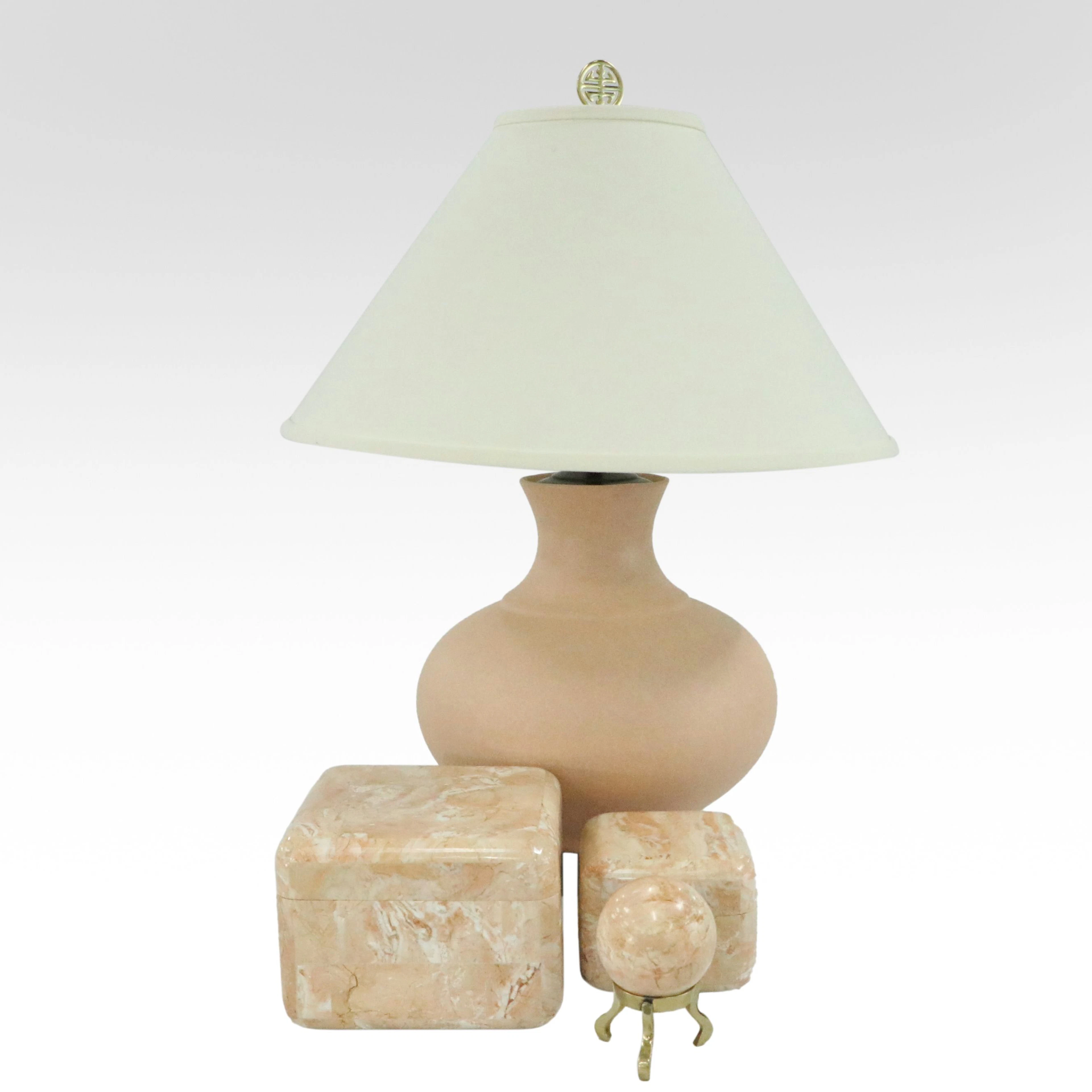 Renoir Alabaster Boxes with Ceramic Table Lamp and Orb, Late 20th Century