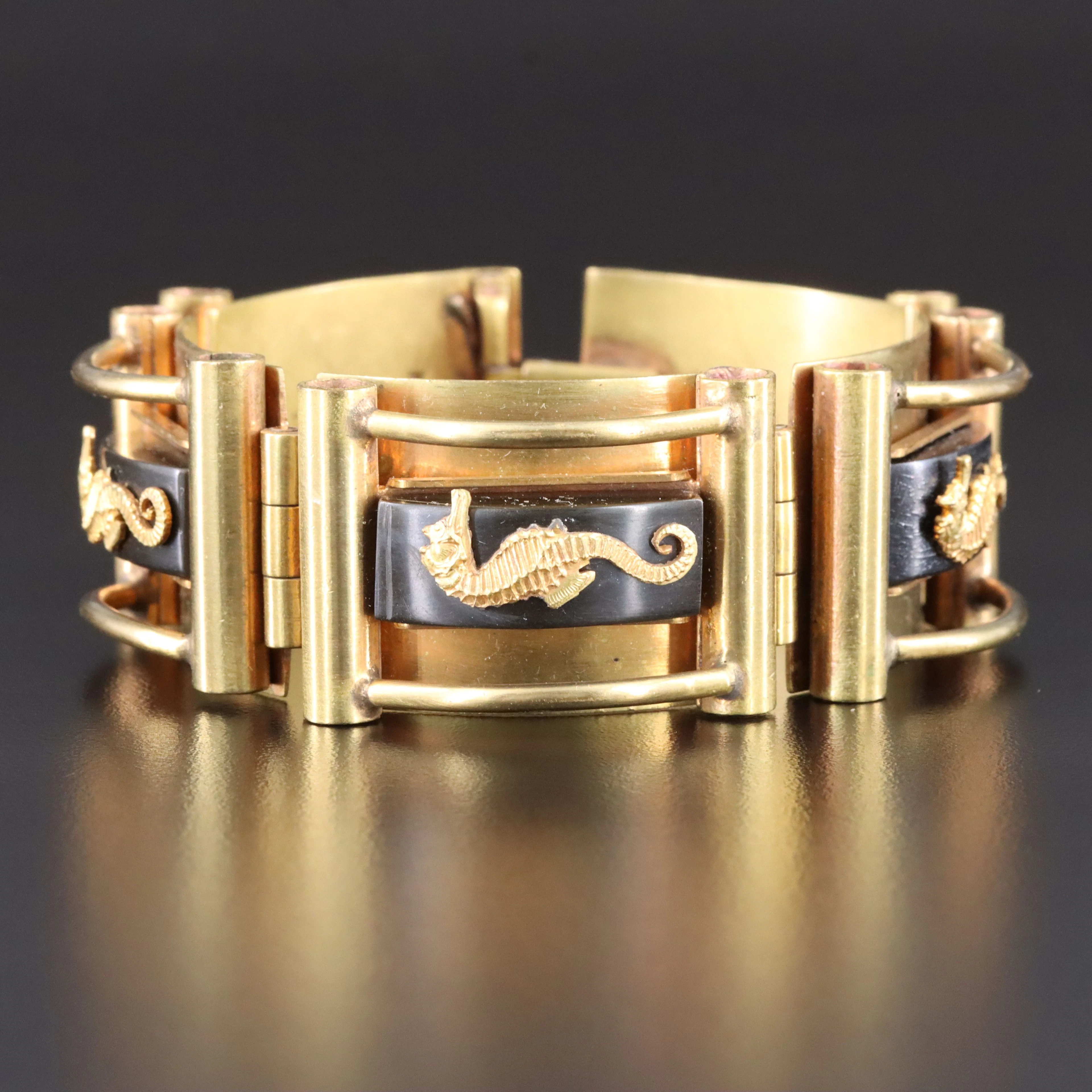 French Deco Brass and Catalin Seahorse Bracelet