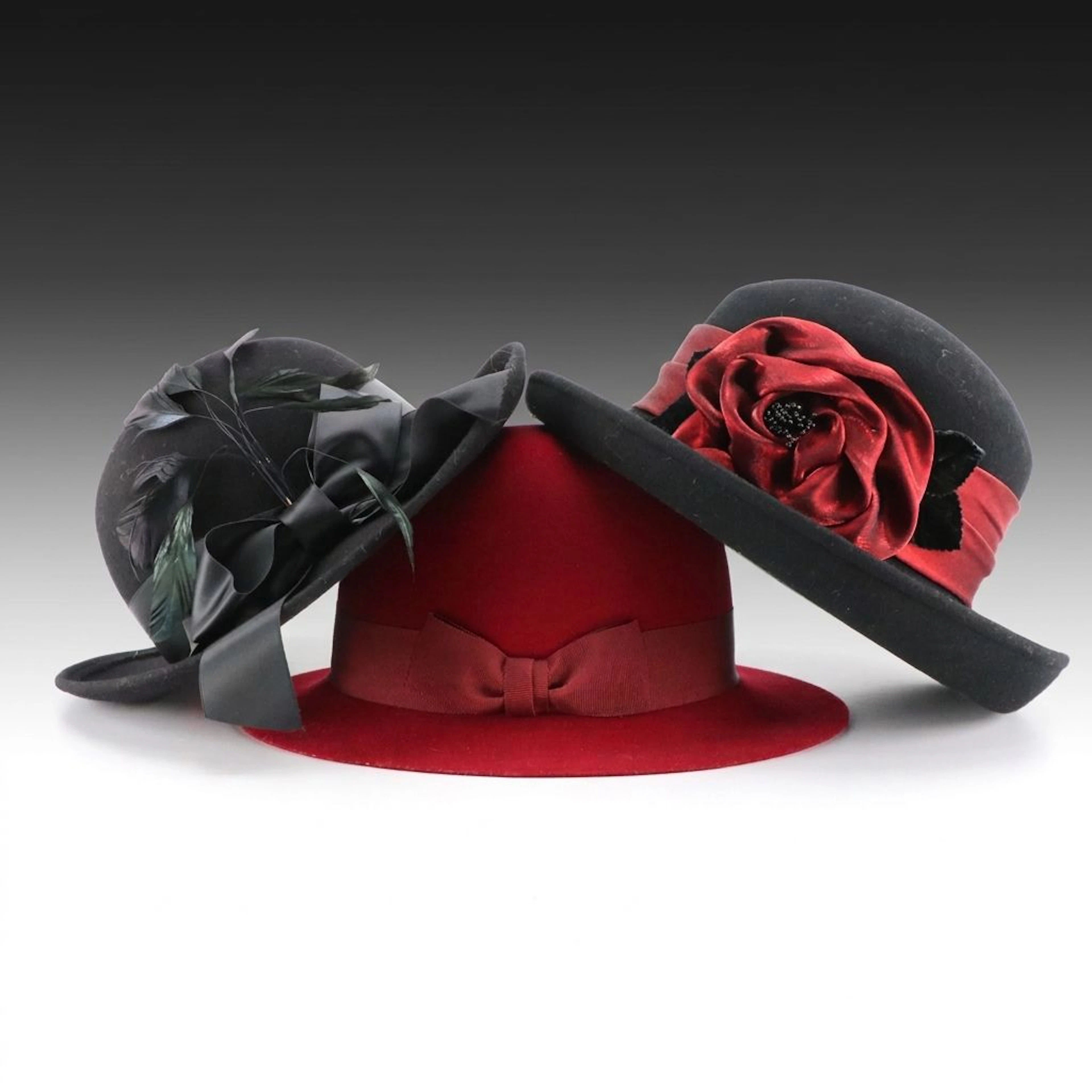 Bow, Feather and Floral Accented Wool Brimmed Cloche Hats from Halston & More