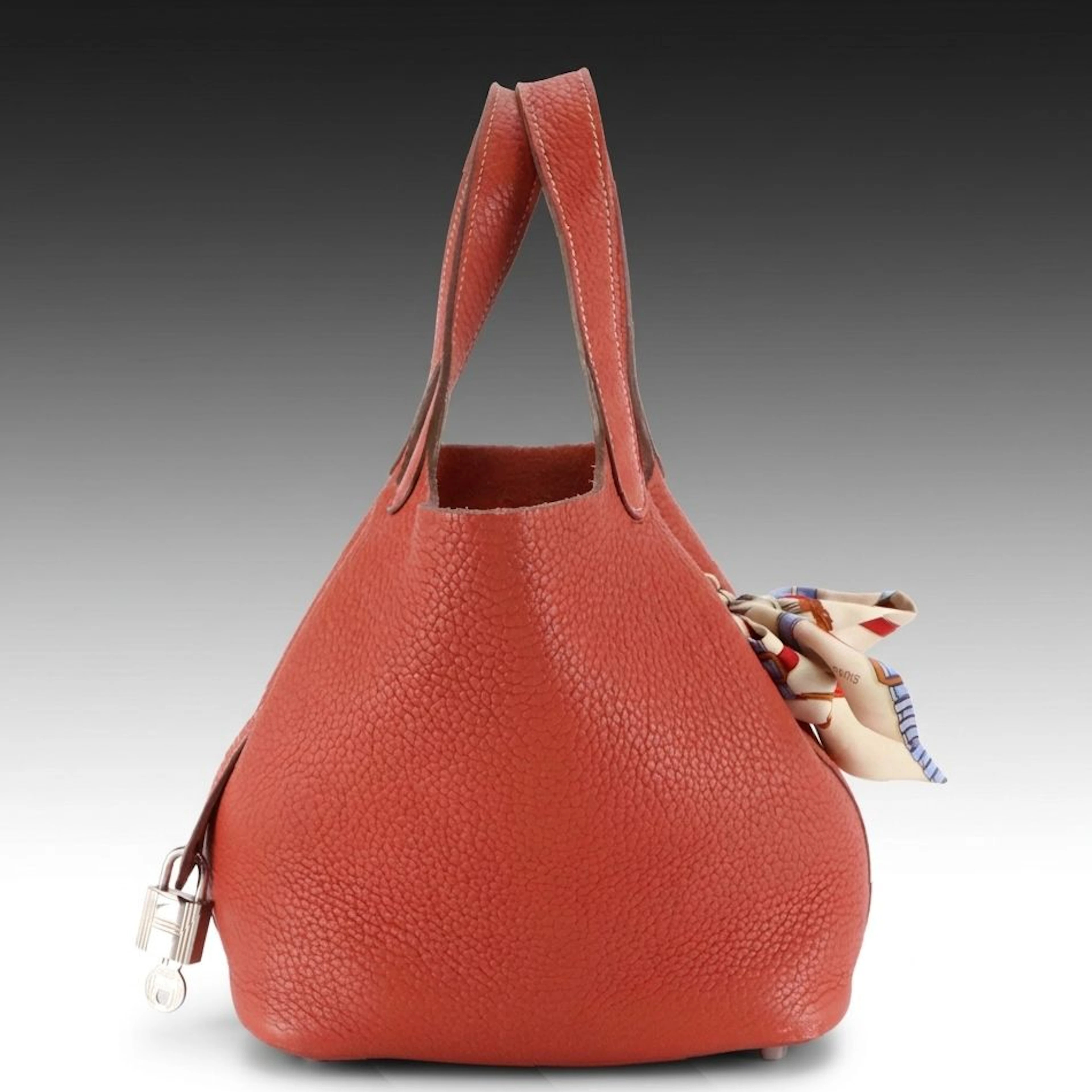 Hermès Picotin Lock 18 Handbag in Orange Clemence Leather with Silk Bag Charm