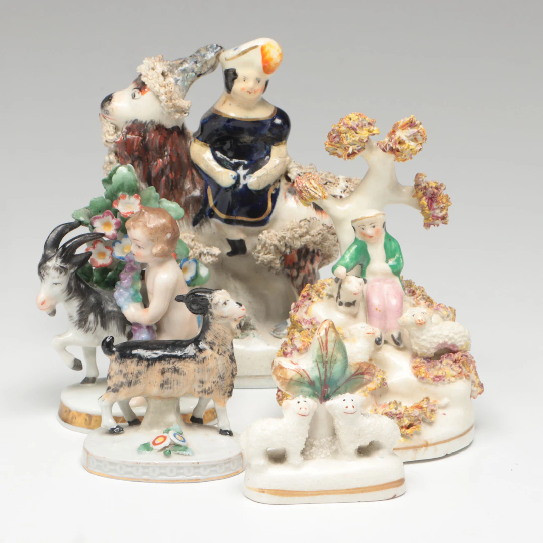Staffordshire with Other Hand-Painted Earthenware Goat Figurines, Late 19th C.