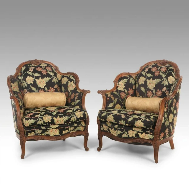 Pair of Louis XV Style Carved Hardwood and Custom-Upholstered Bergères