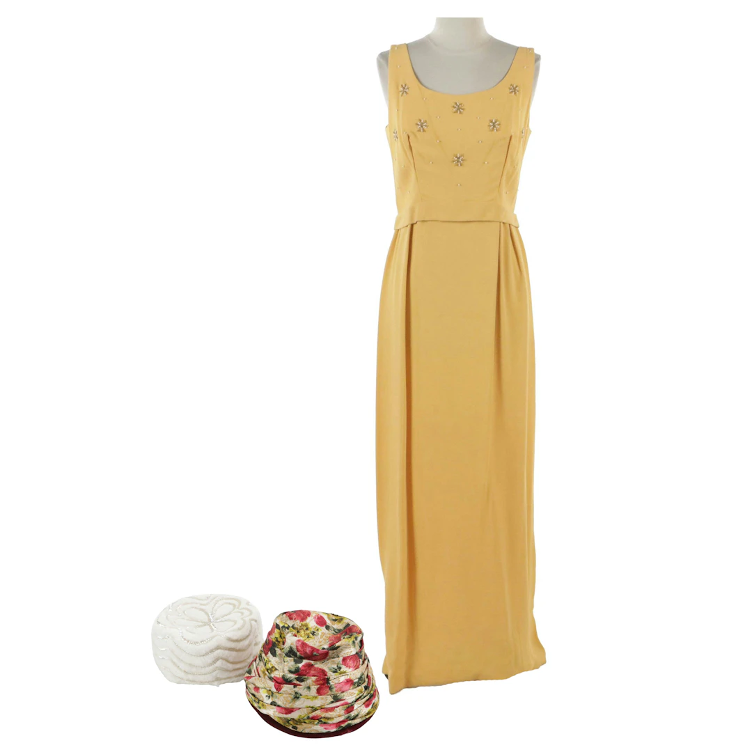 Vintage Yellow Beaded Accented Sleeveless Evening Dress W/ Pillbox