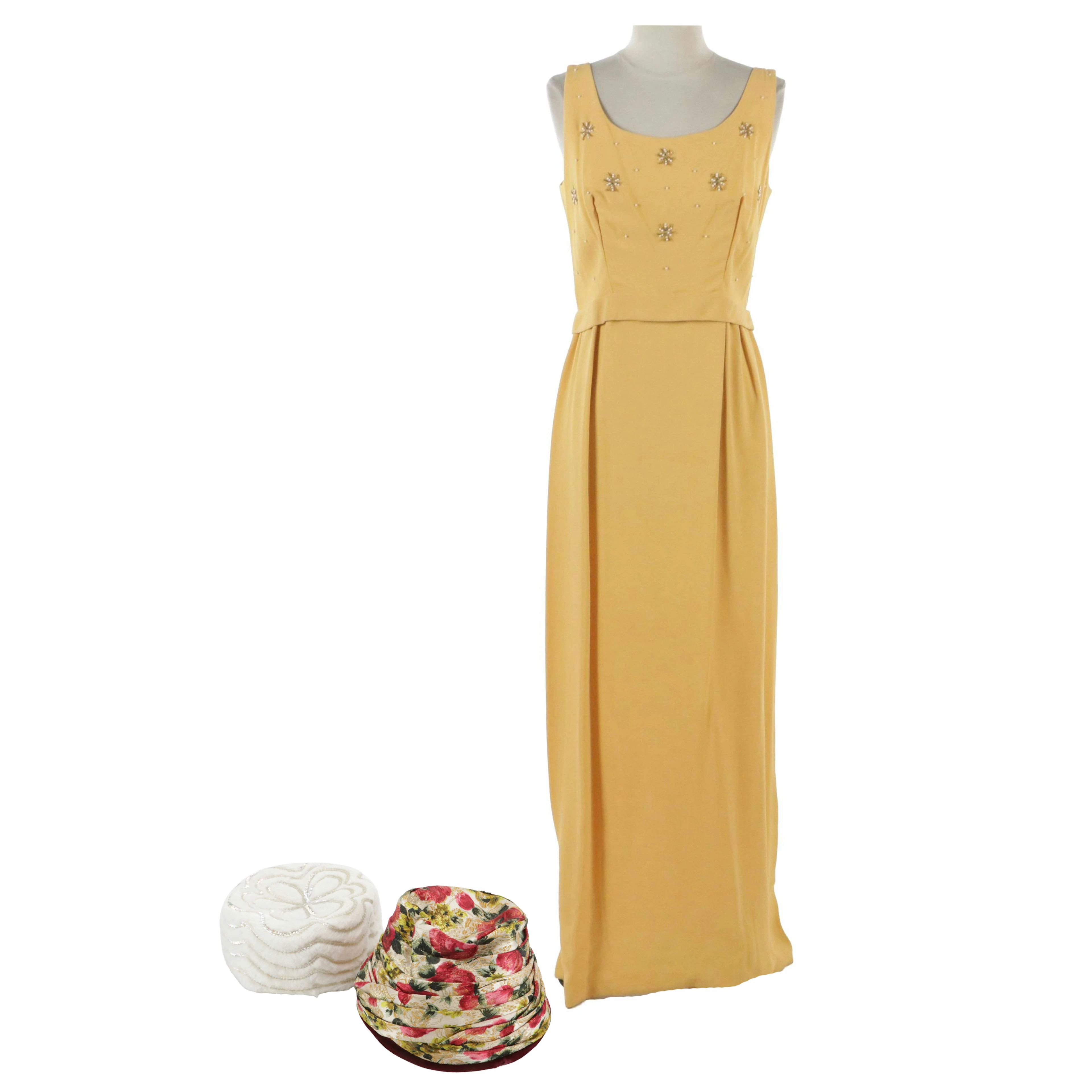 Vintage Yellow Beaded Accented Sleeveless Evening Dress W/ Pillbox