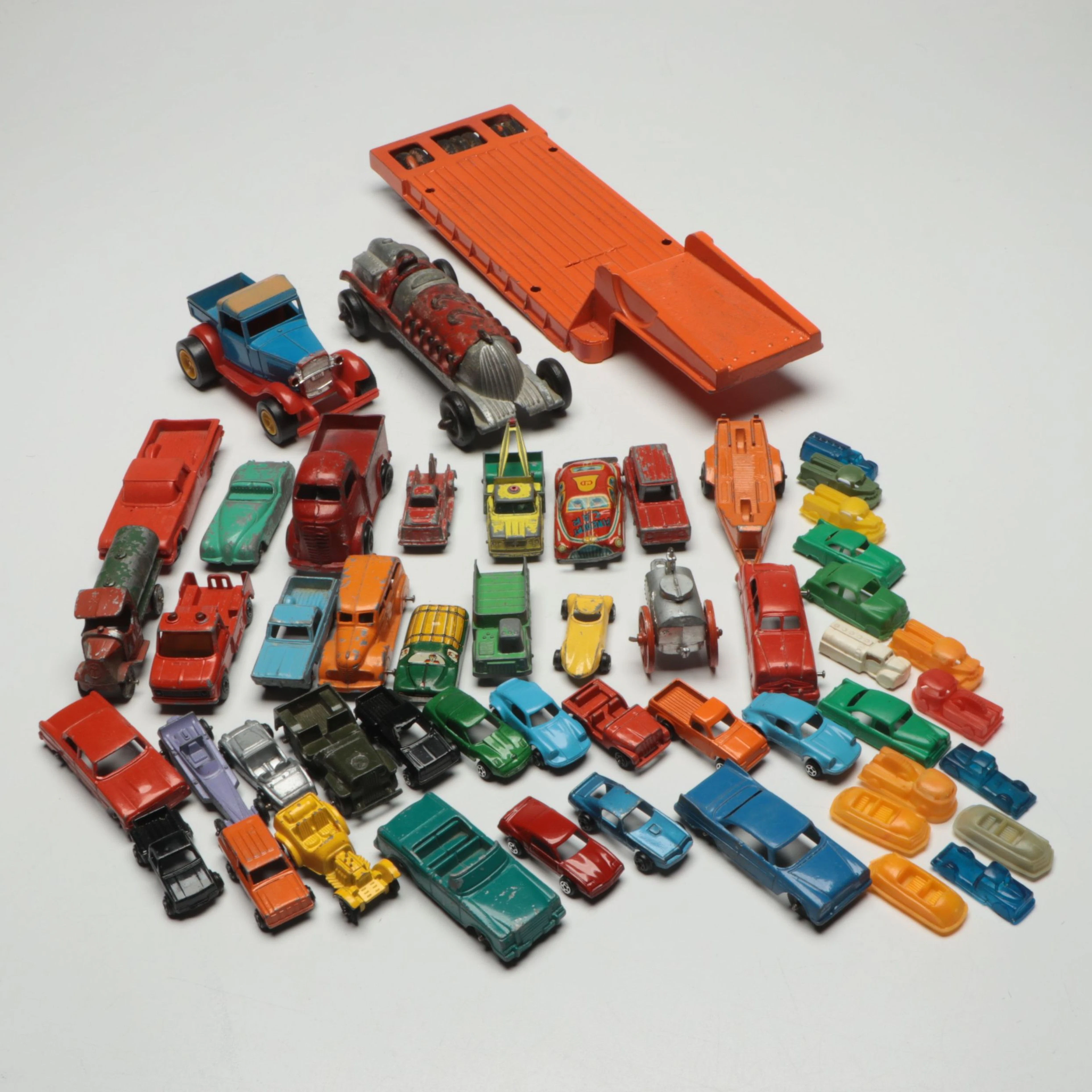 Hubley Kiddie Toy Trailer with Diecast and Other Toy Vehicles, 20th Century