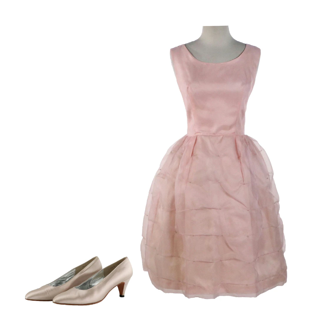 1960s Party Dress in Taffeta/Bead-Tufted Chiffon with Saks Fifth Avenue Pumps