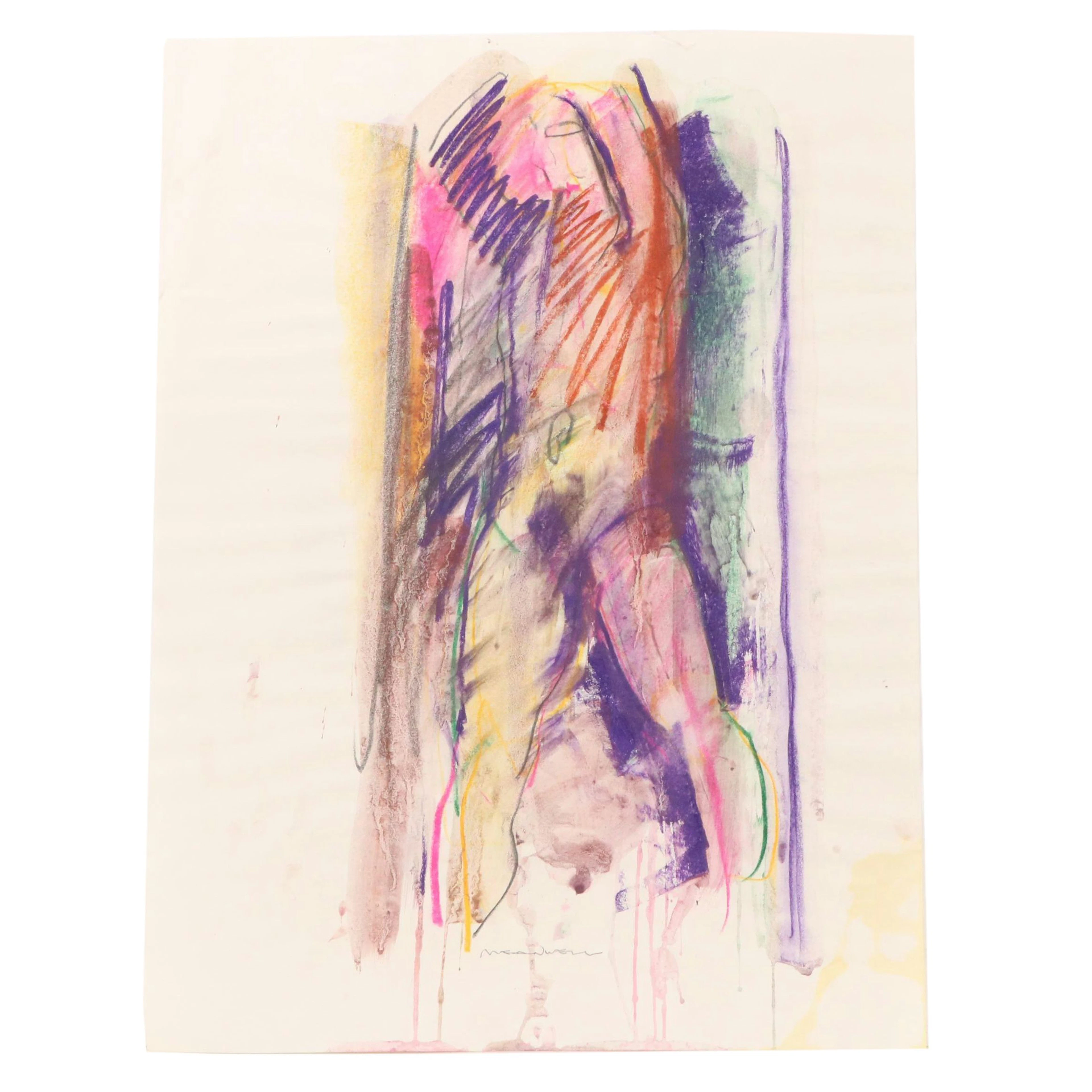 Jack Meanwell Oil Pastel Drawing: Abstract Figural, Late 20th Century