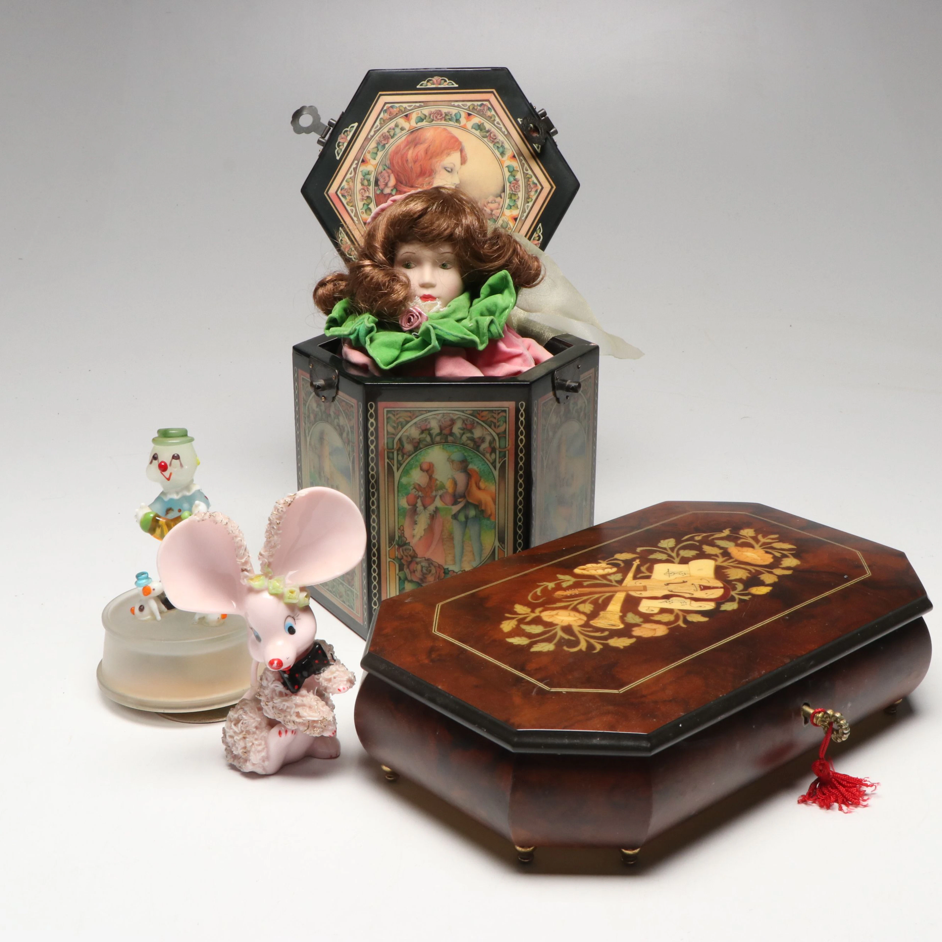 Enesco "Sleeping Beauty" with Glass Clown and Vanity Music Boxes, Vintage
