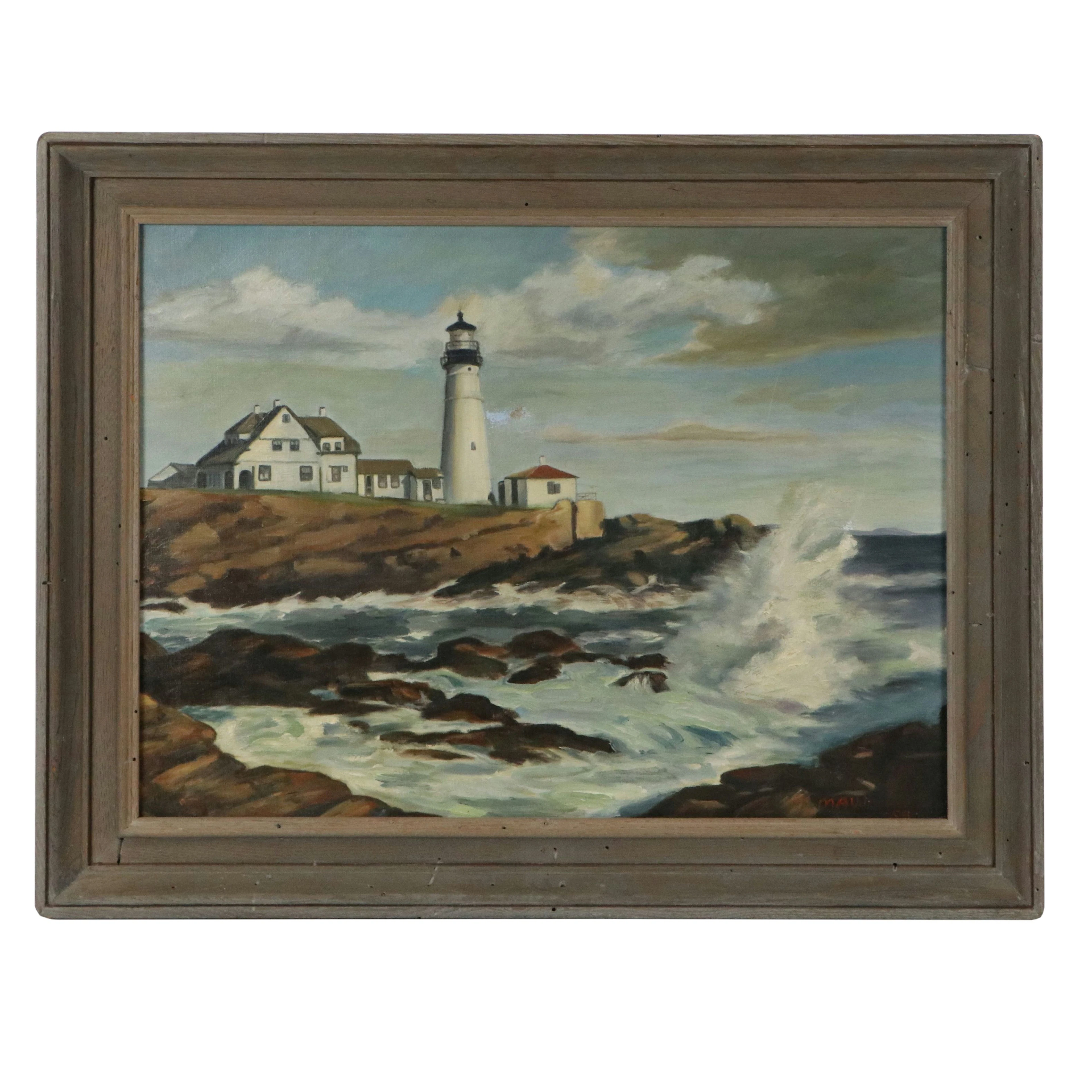 Seascape Oil Painting of Waves Crashing on Coast, 1958