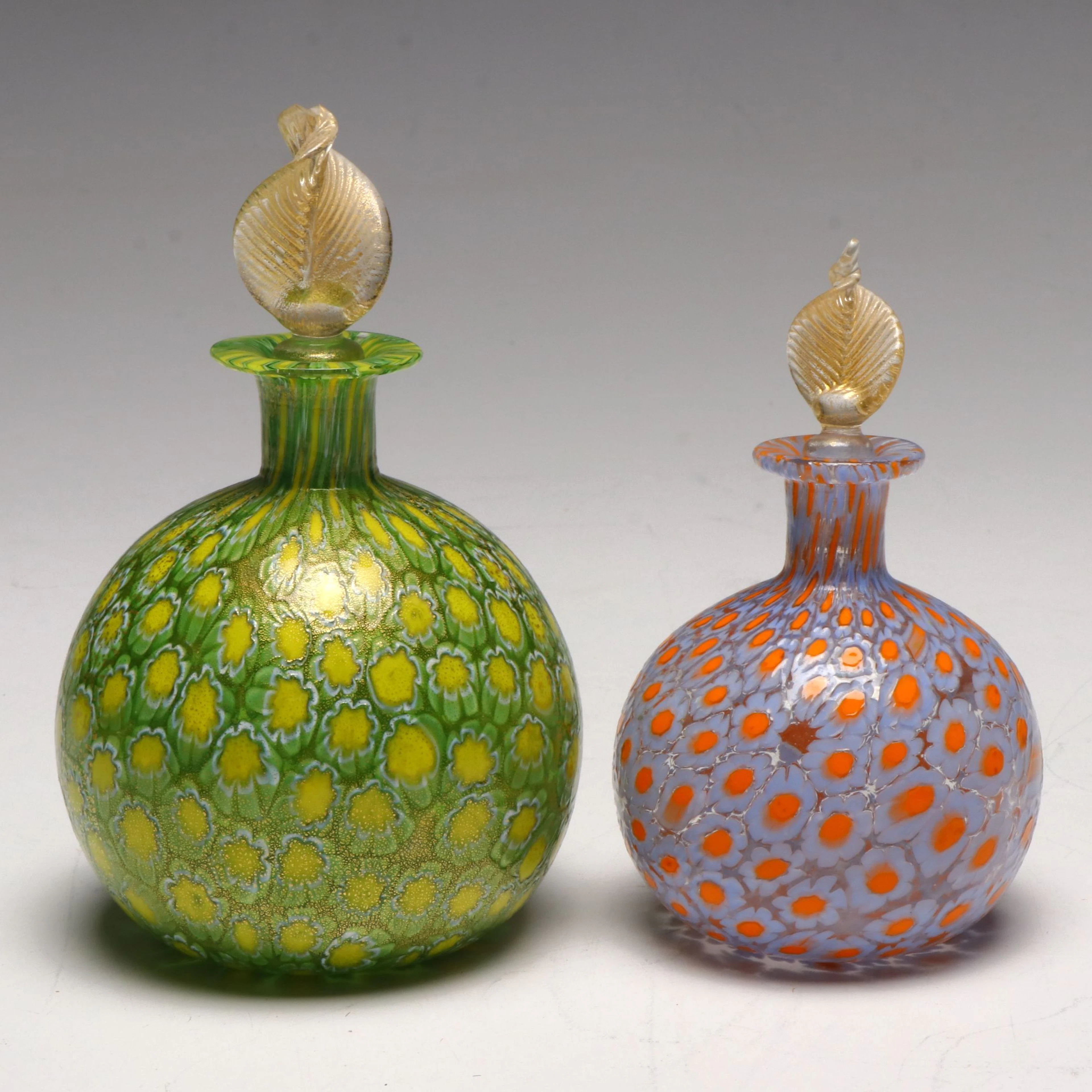 Murano Style Studio Art Glass Murrine Perfume Bottles with Gold Leaf Stoppers
