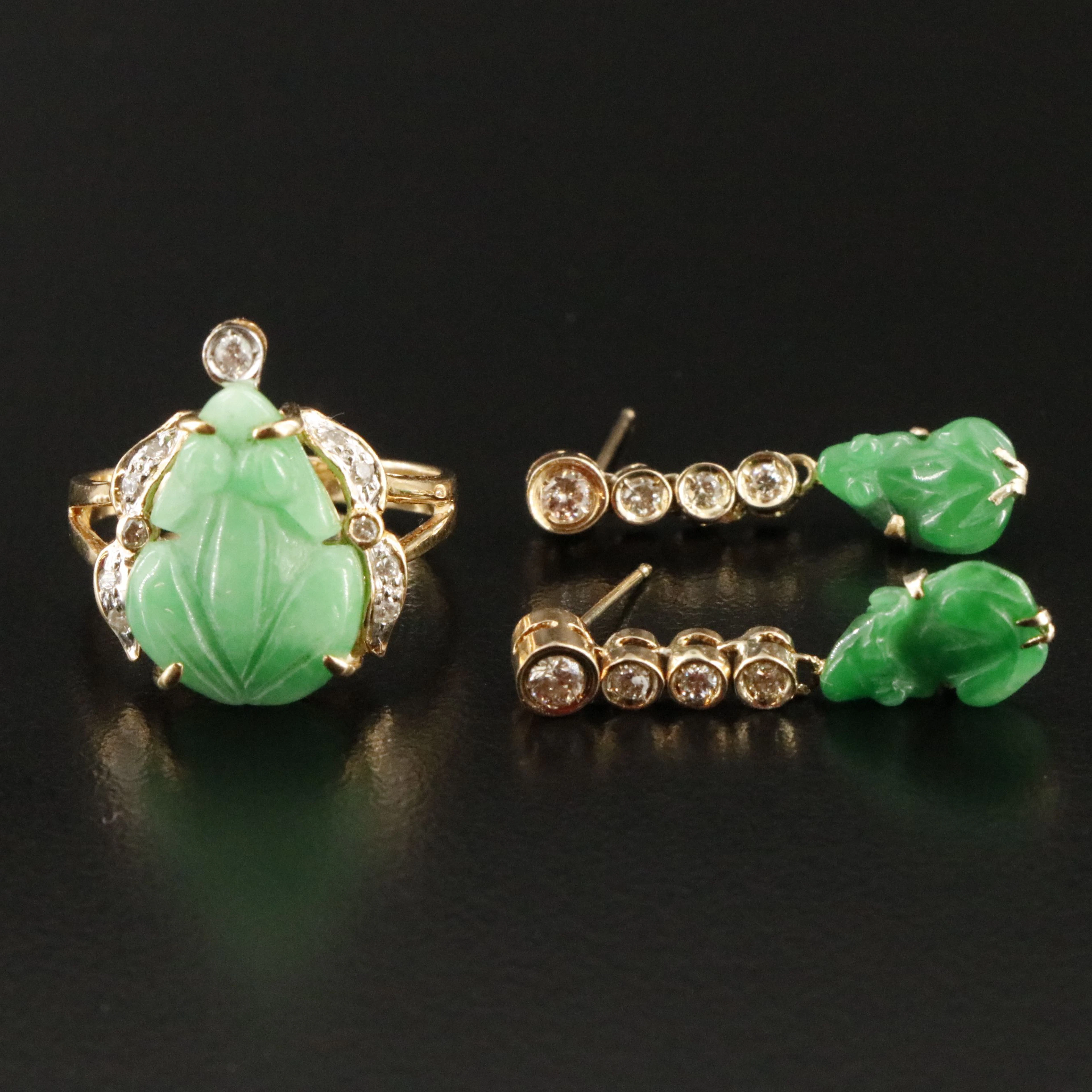 Chinese 18K Lucky Money Frog Ring and 14K Earrings with Jadeite and Diamond