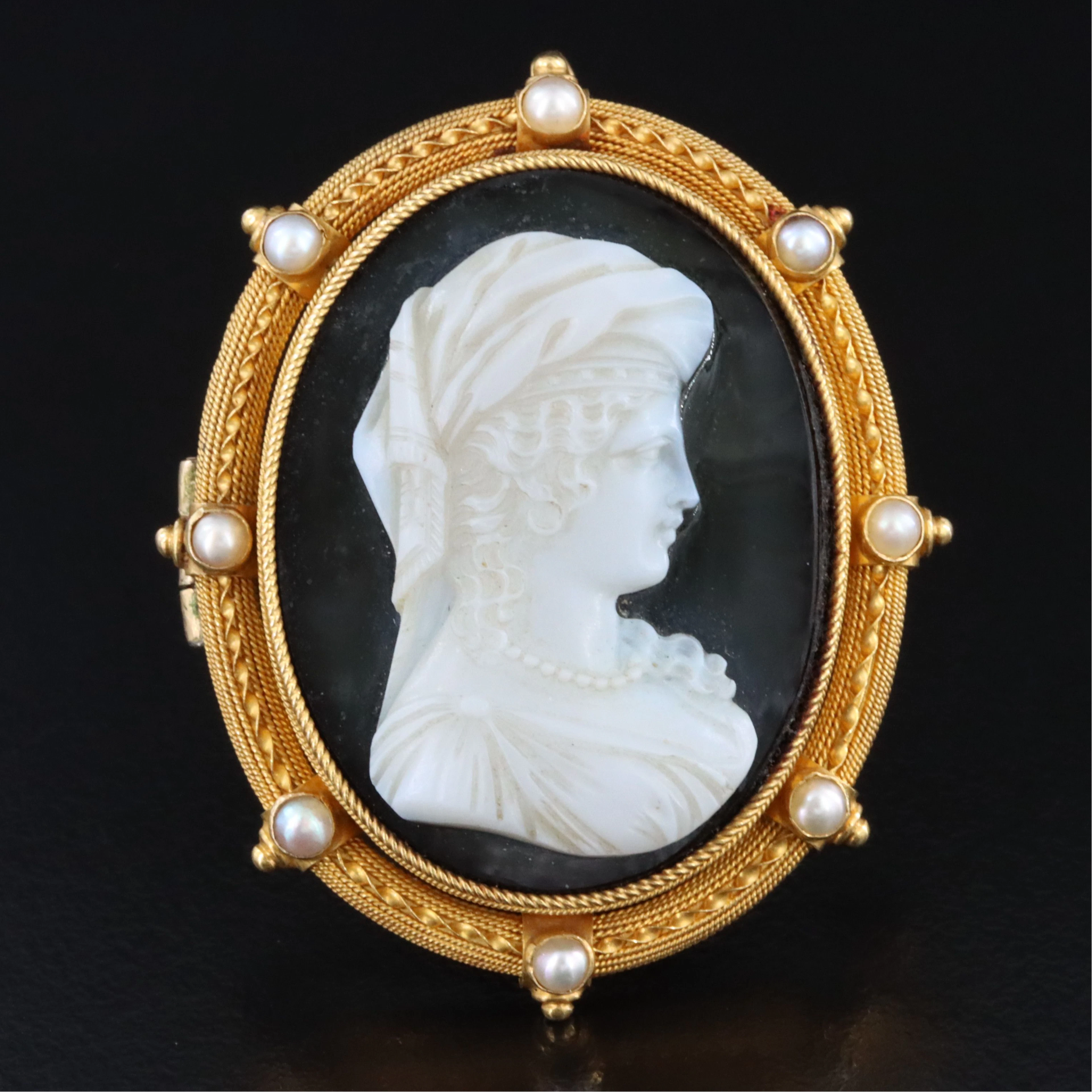 Victorian Etruscan Revival 14K Onyx Renaissance Lady Cameo Brooch with Pearls