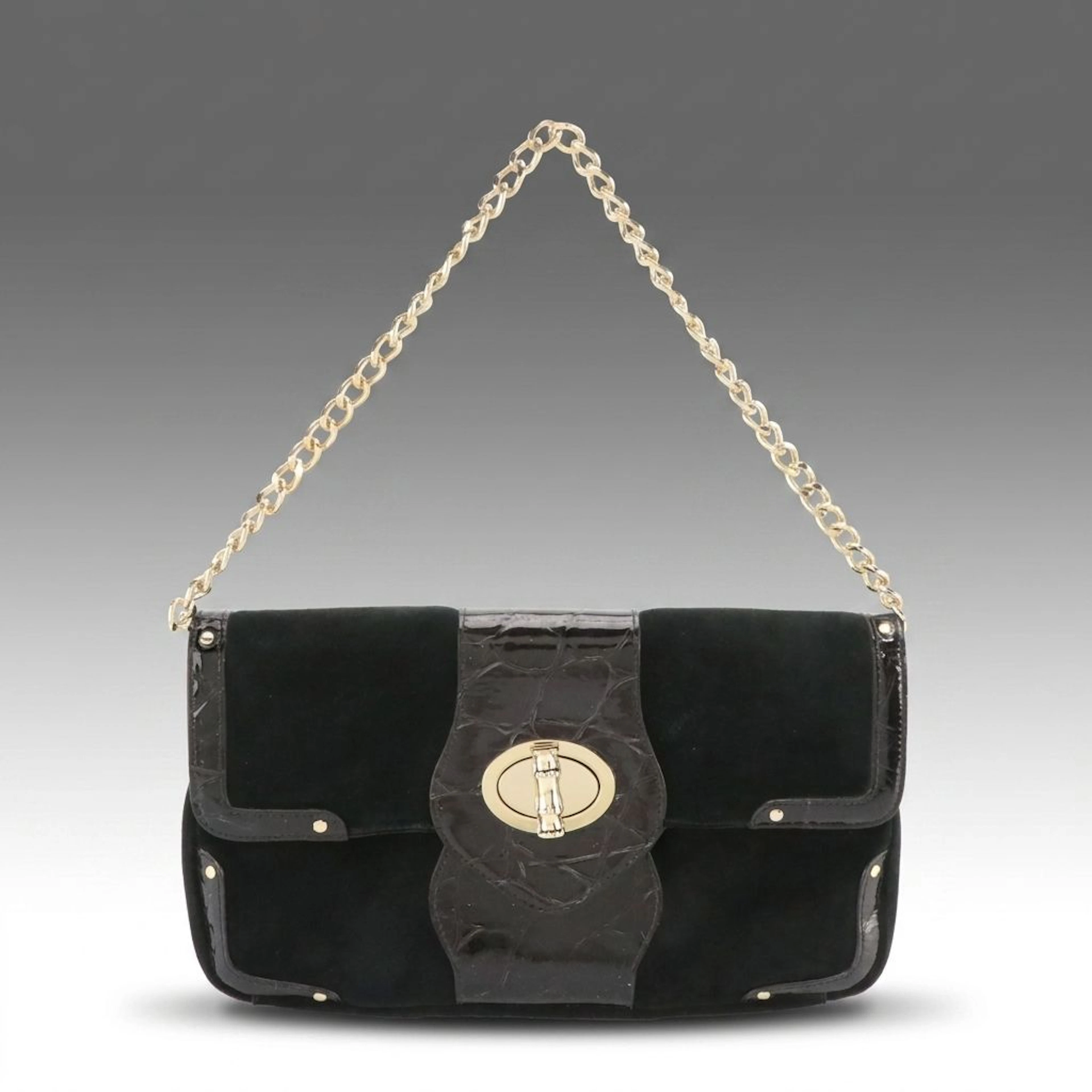 Elaine Turner Turnlock Flap Chain Clutch in Black Suede and Patent Leather
