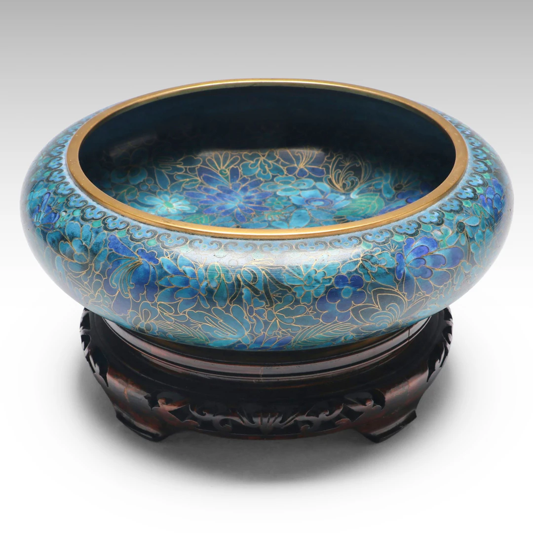 Cloisonné Enamel Decorative Bowl with Carved Wood Stand