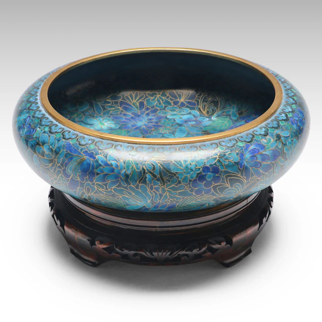 Cloisonné Enamel Decorative Bowl with Carved Wood Stand