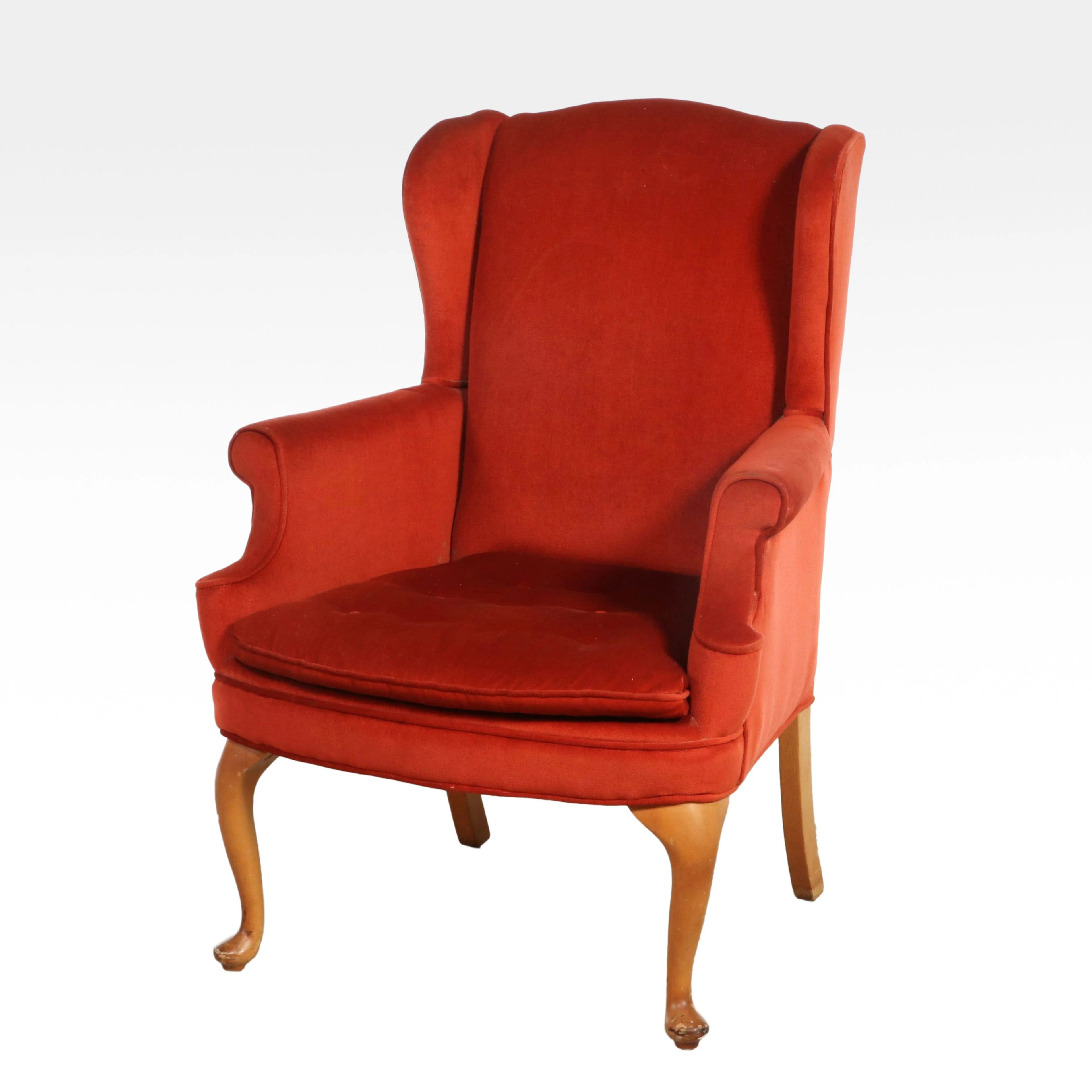 Queen Anne Style Upholstered Wingback Chair, Mid-20th Century