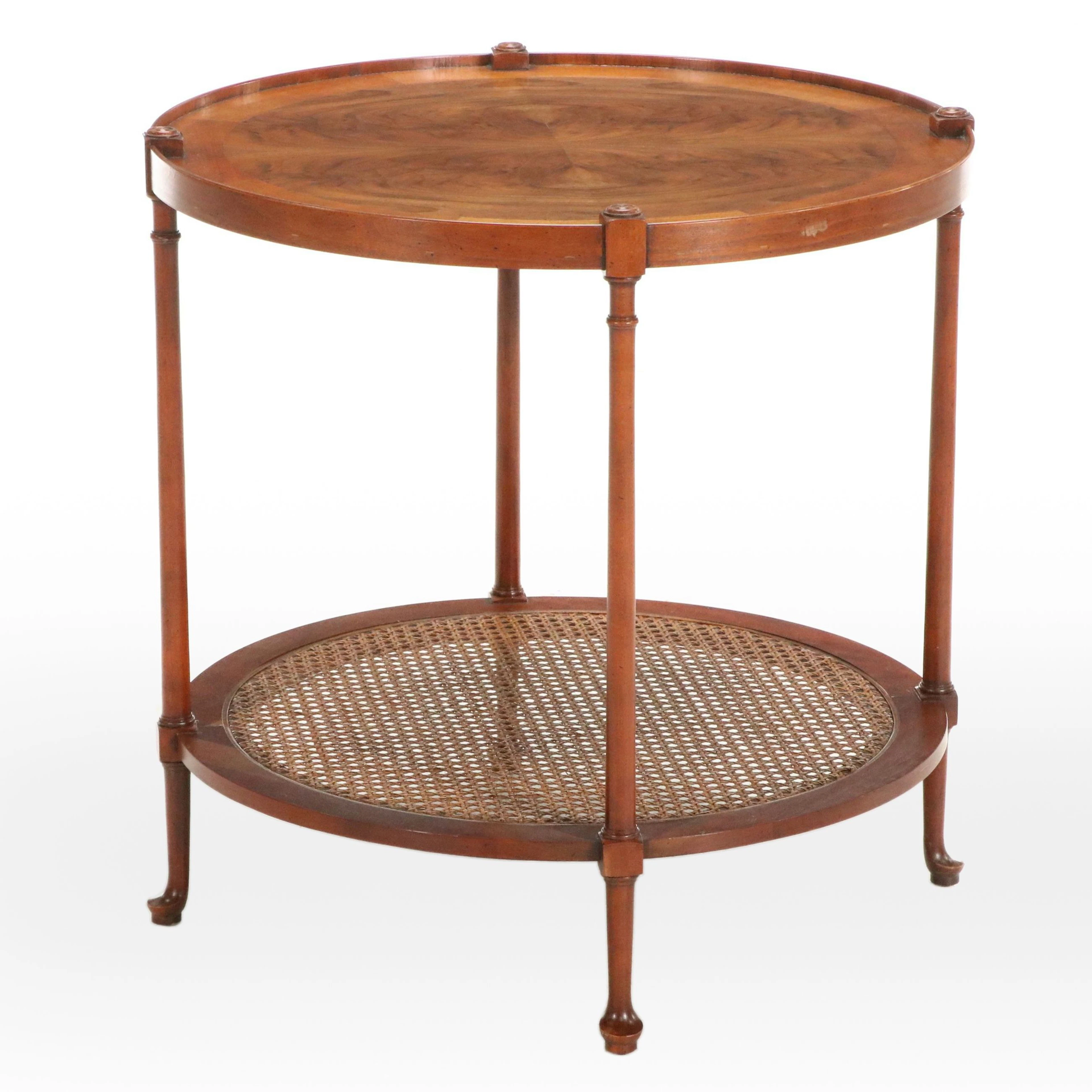 Baker Furniture Queen Anne Style Burl Wood and Mahogany Lamp Table with Caning