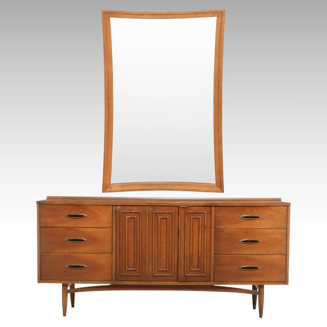 Broyhill Sculptra Mid Century Modern Walnut Dresser and Mirror Set