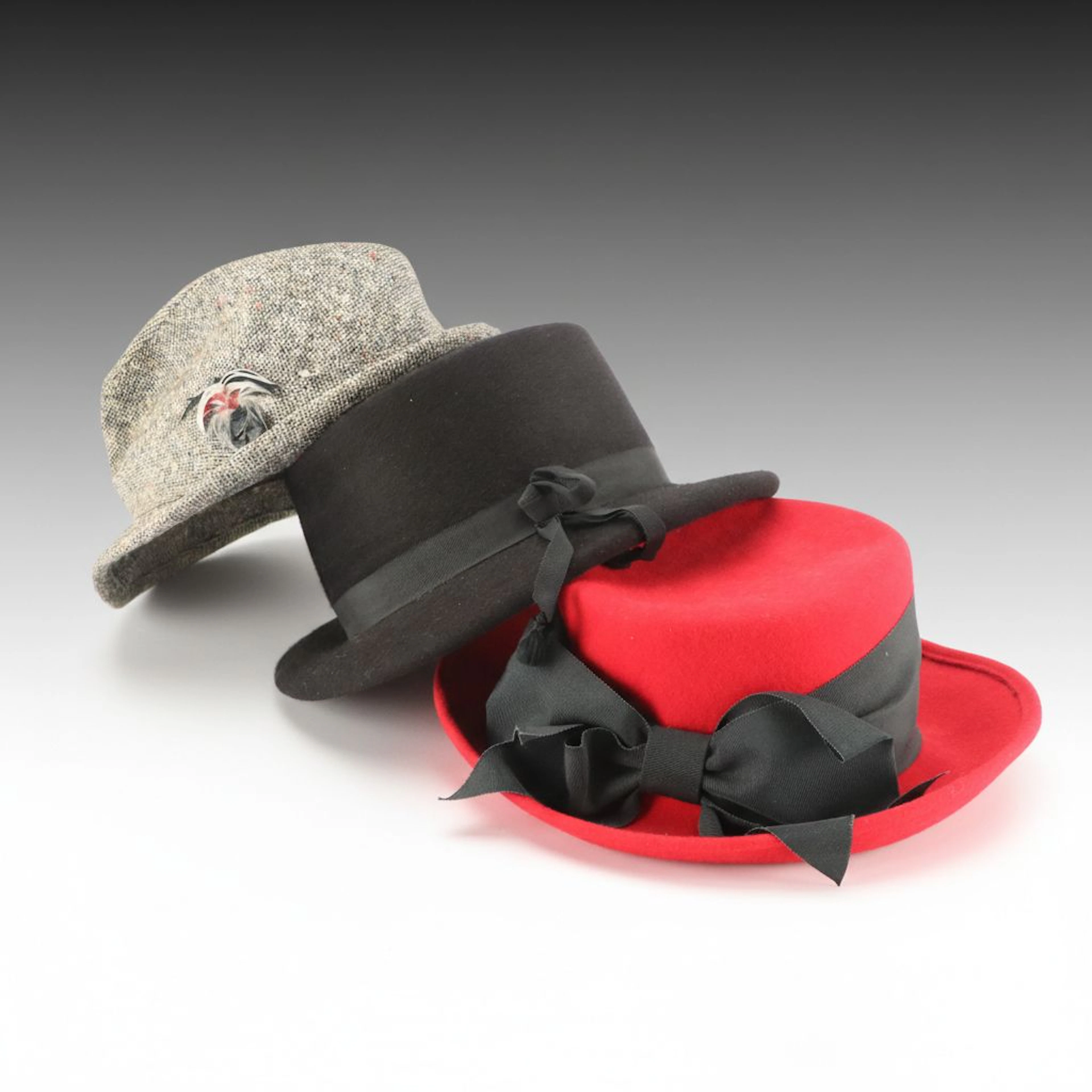 Eric Javits Vintage Red Wool Bow Top Hat, Foley's Black Hat, Other Tweed Fedora